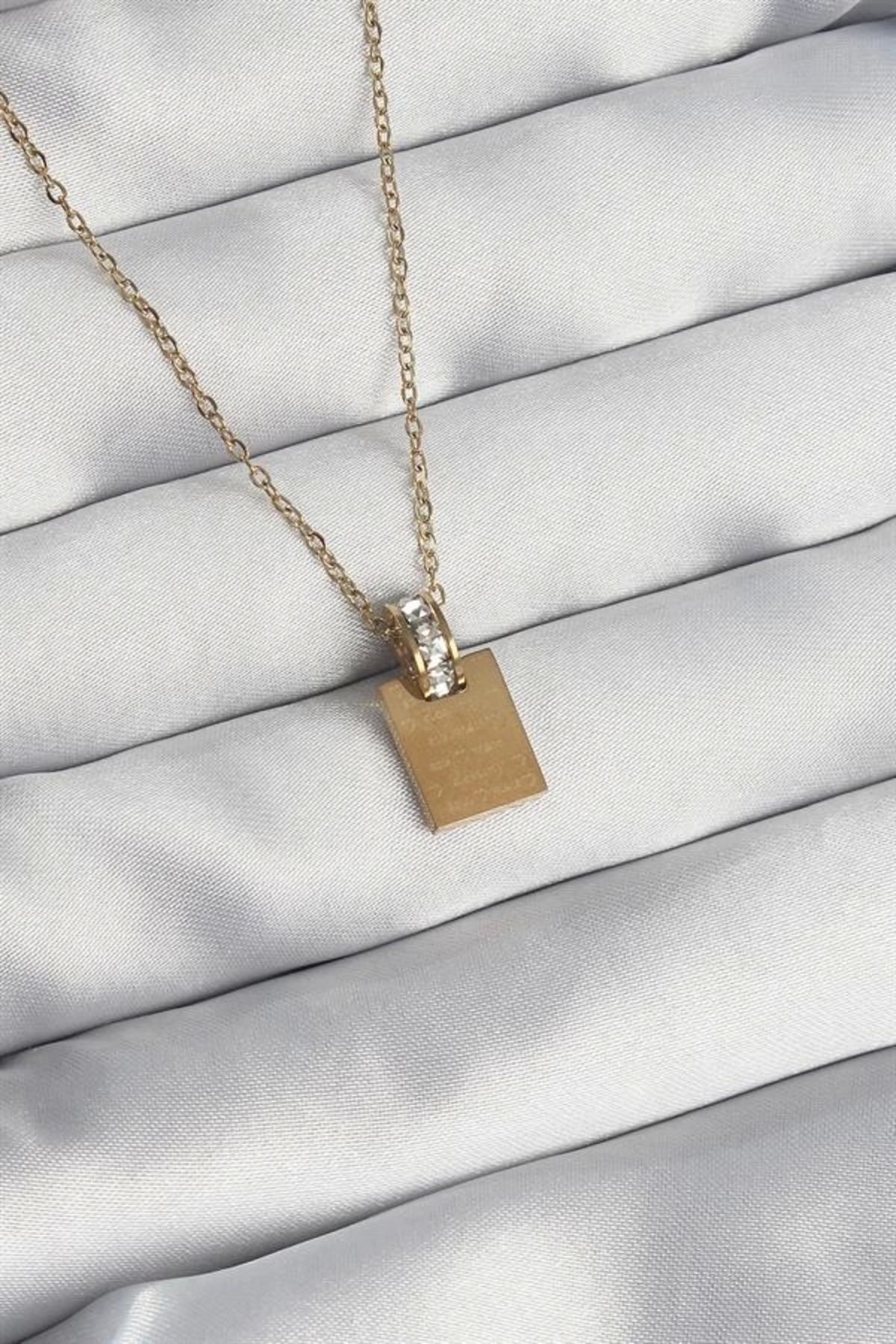 Lale Moda 316L Çelik Zincir Gold Renk Zirkon Taşlı Aşk Mektubu Kolye