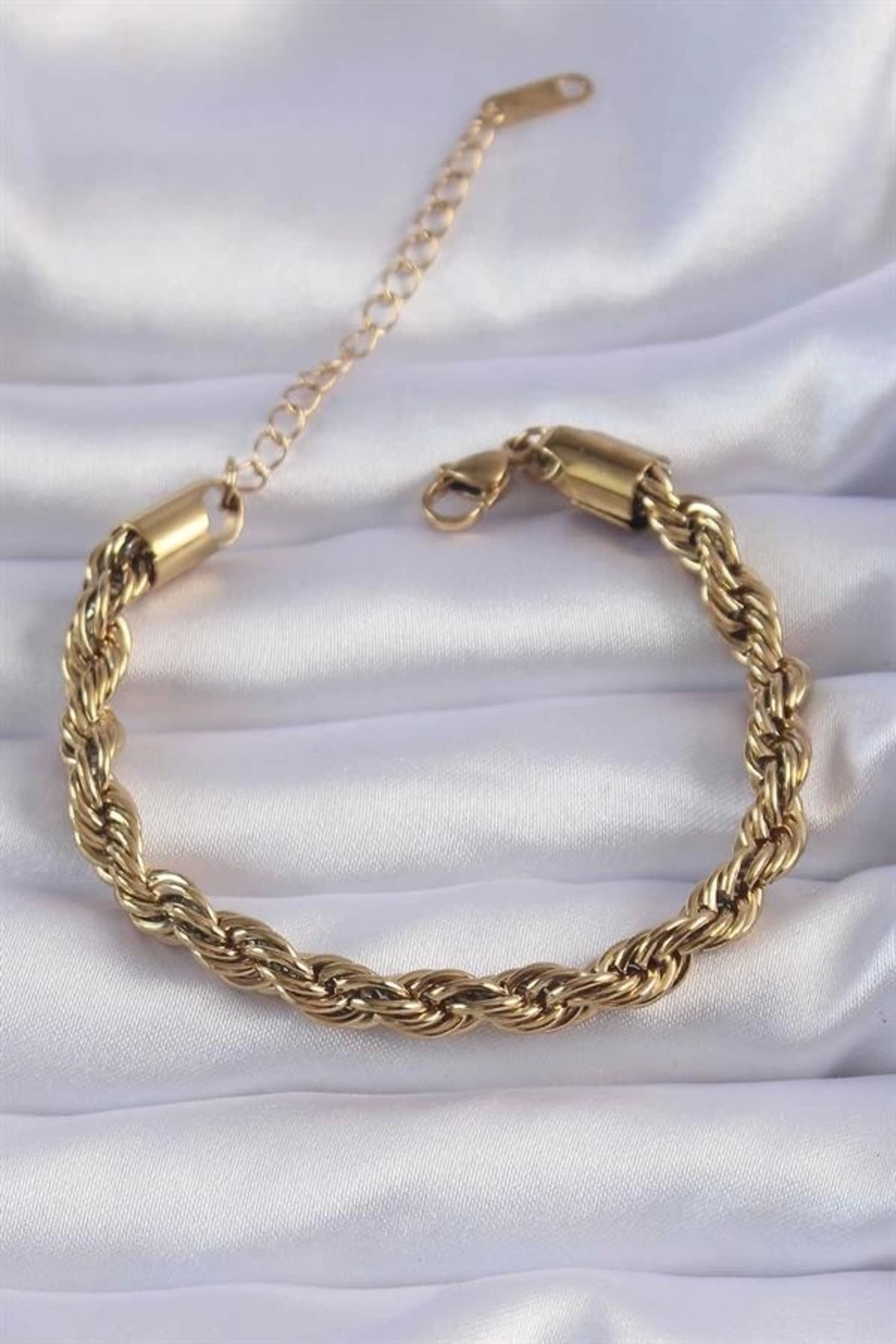Lale Moda 316L Çelik Gold Renk Kalın Burgu Zincir Bileklik