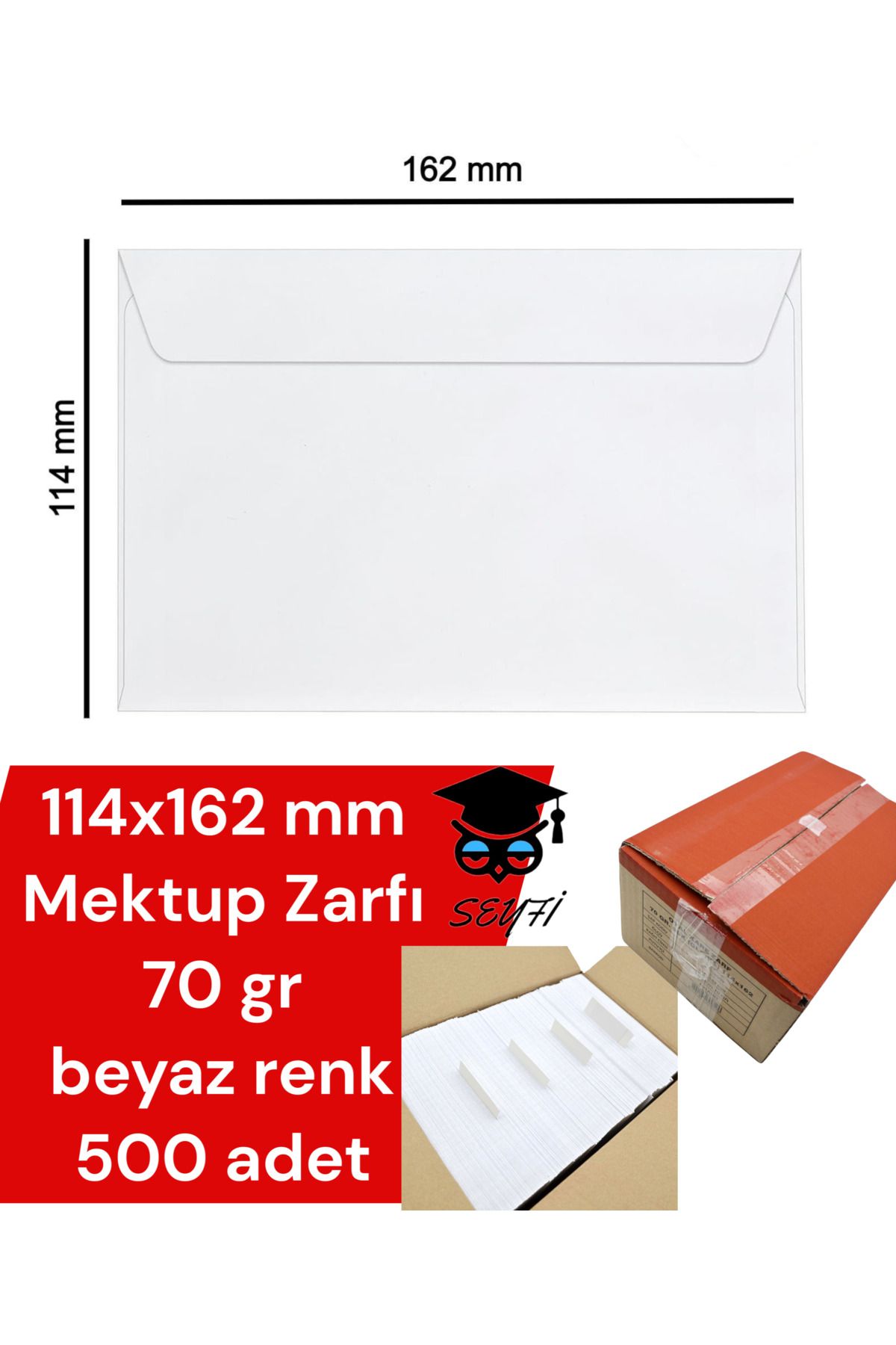 SEYFİKİRTASİYE 114x162 mm Mektup Zarfı 70 gr beyaz renk 500 adet