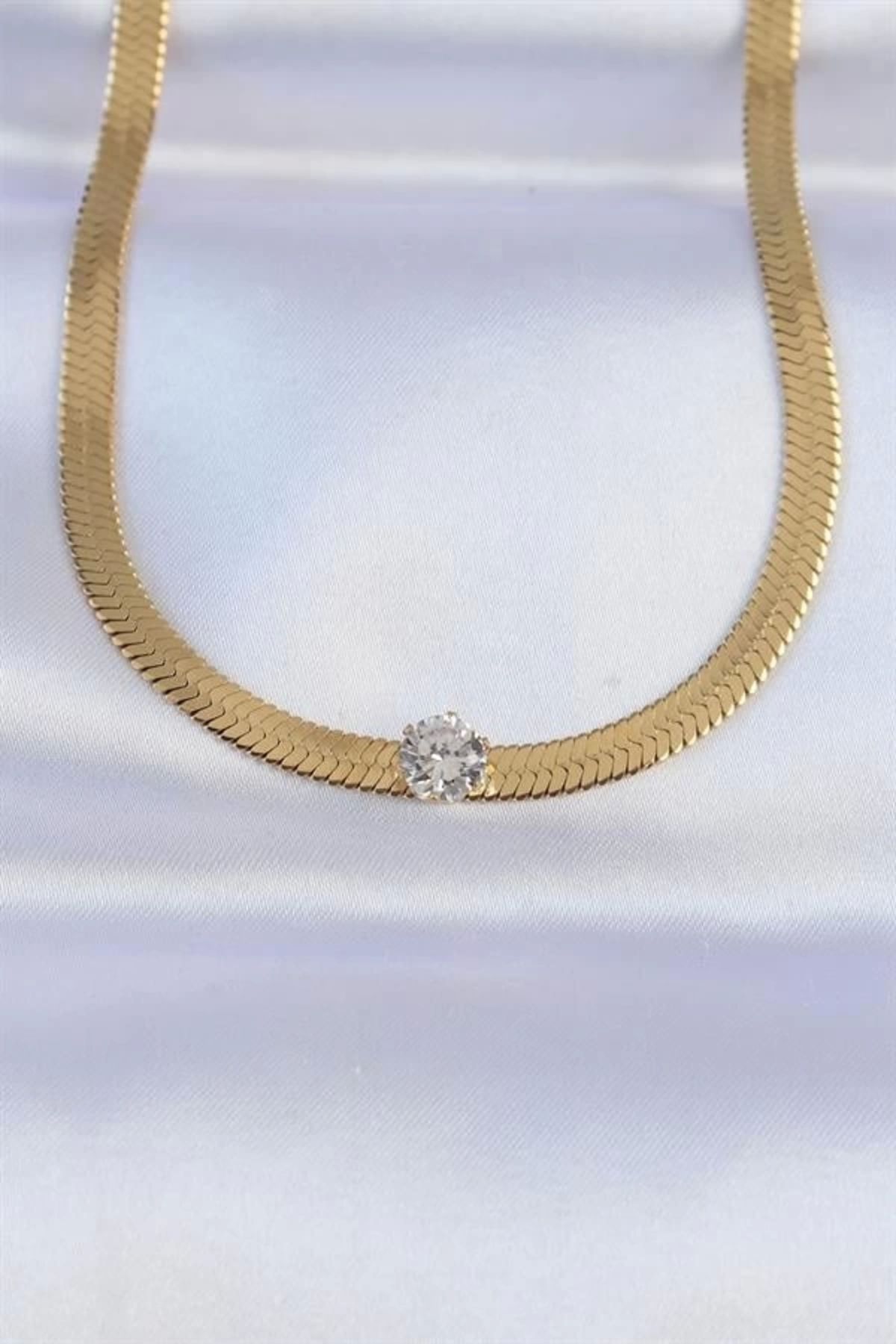 Lale Moda 316L Çelik Gold Renk Tek Zirkon Taşlı İtalyan Zincir Kolye
