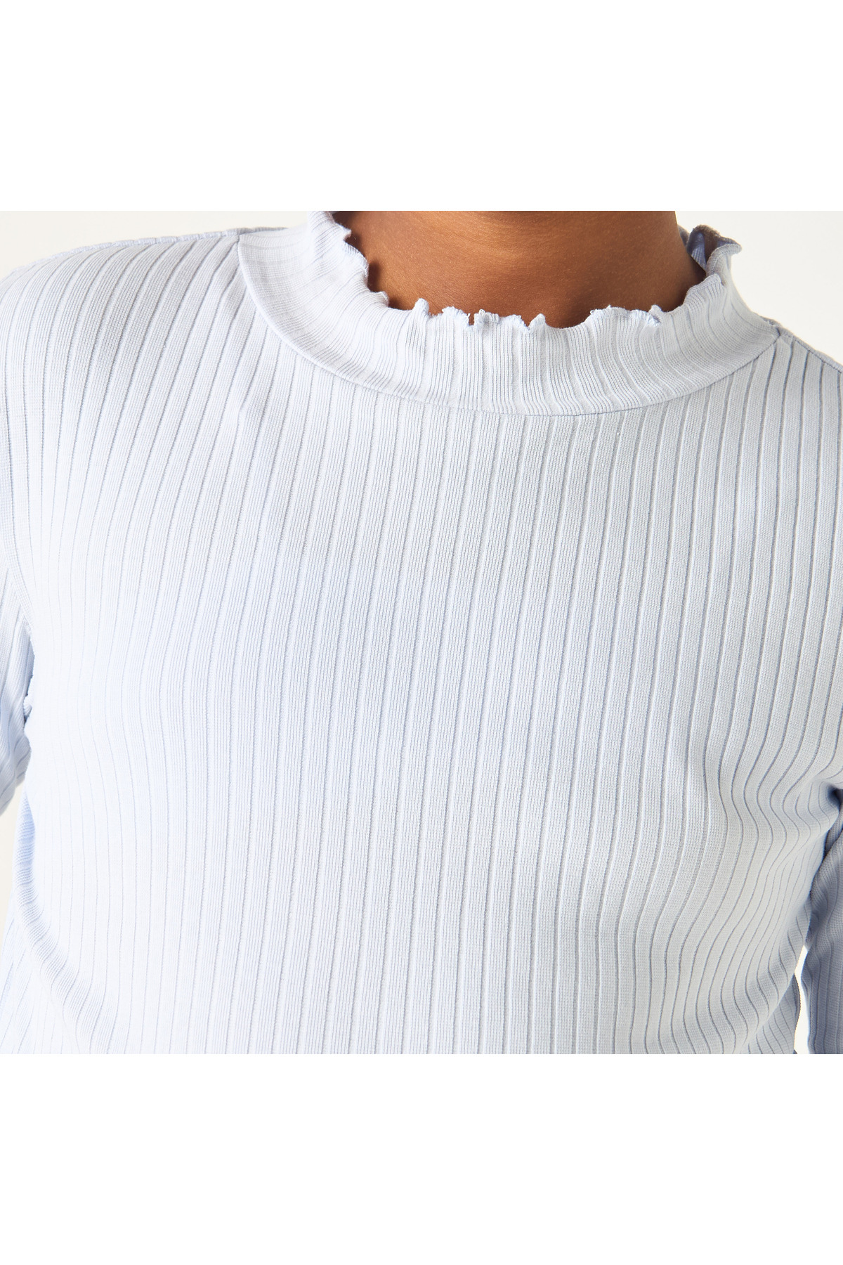 Juniors Ribbed Turtle Neck T-Shirt With Long Sleeves With Lettuce Hem