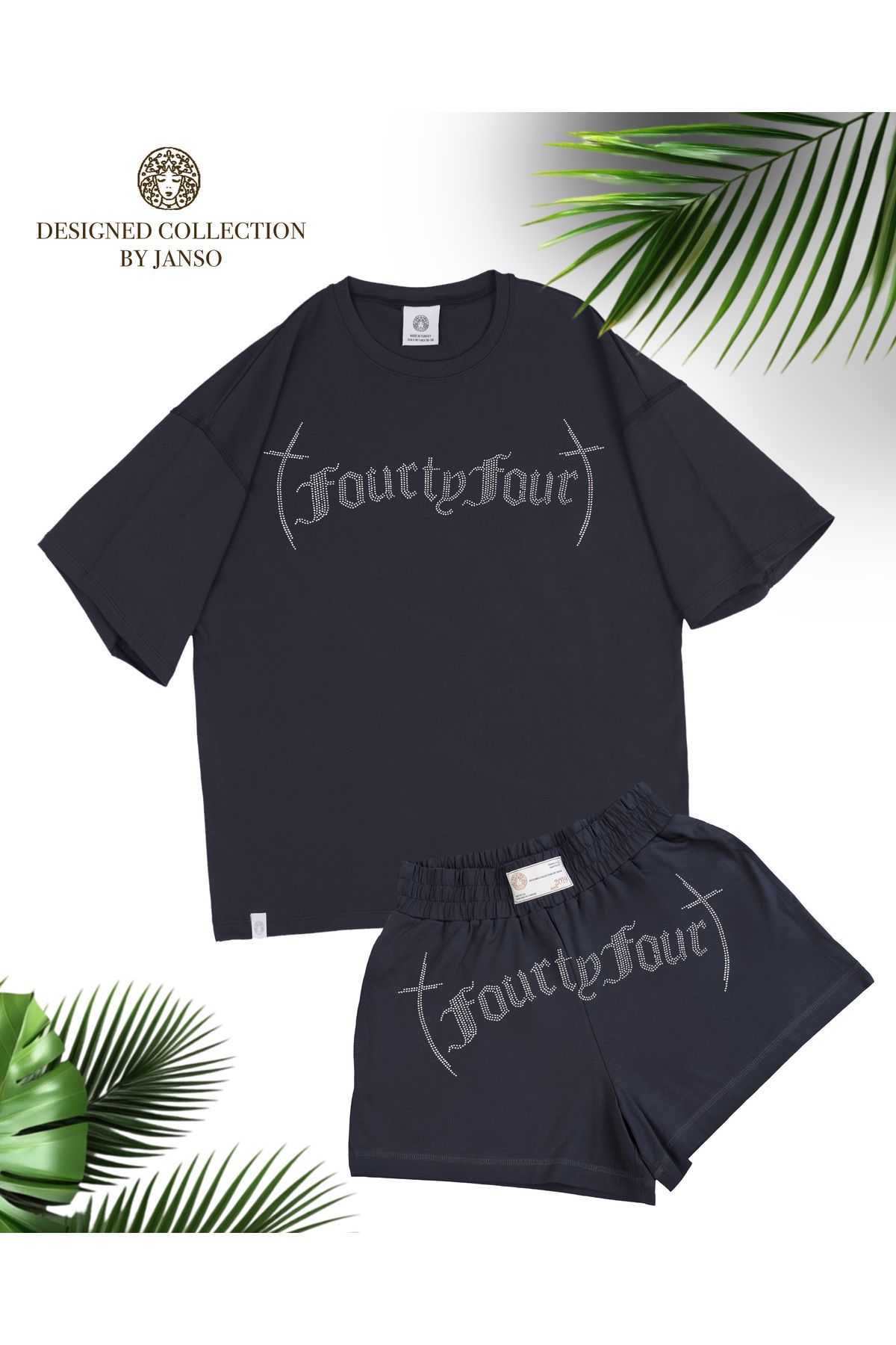 JANSO GROUP - KADIN KISA KOLLU TSHIRT - ŞORT TAKIM FOURTY FOUR TAŞ BASKILI OVERSİZE