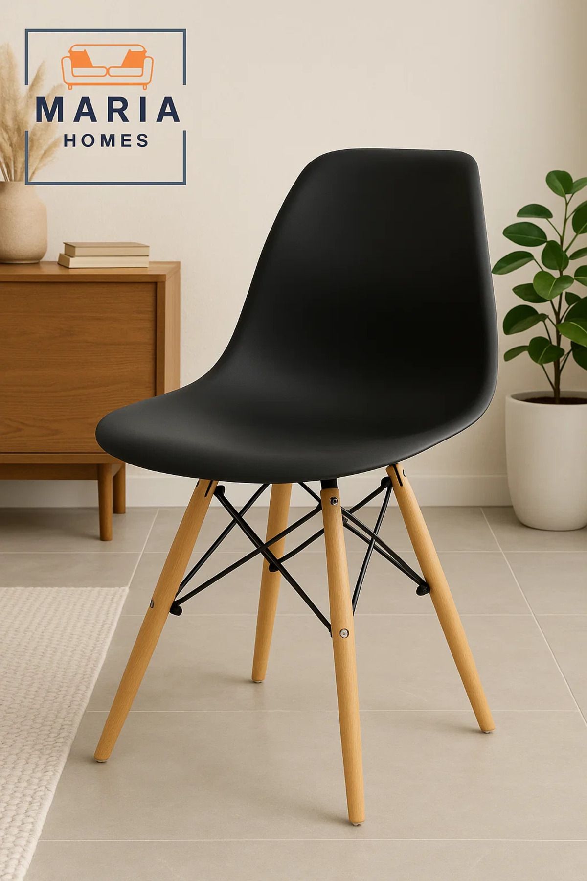 MARIA HOMES-Black Modern Plastic Dining Chair with Wooden Legs – Ergonomic Minimalist Seating for Home or Office 4