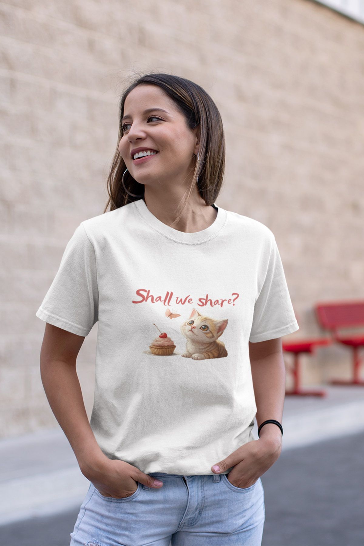 qoeuyl boutique Shall We Share Sevimli Kedi Baskılı Unısex %100 Pamuklu T-Shirt