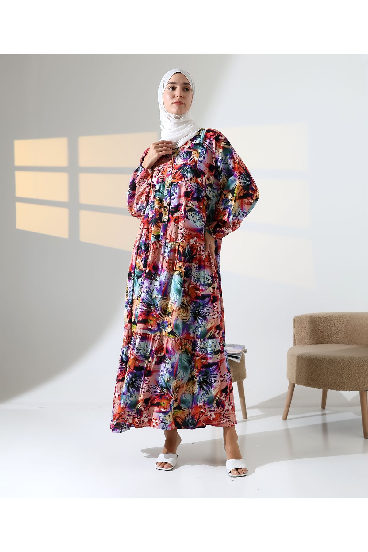 Mihran Butik Kadın 100% Pamuk Viskon Desenli Pembe Tesettür Elbise