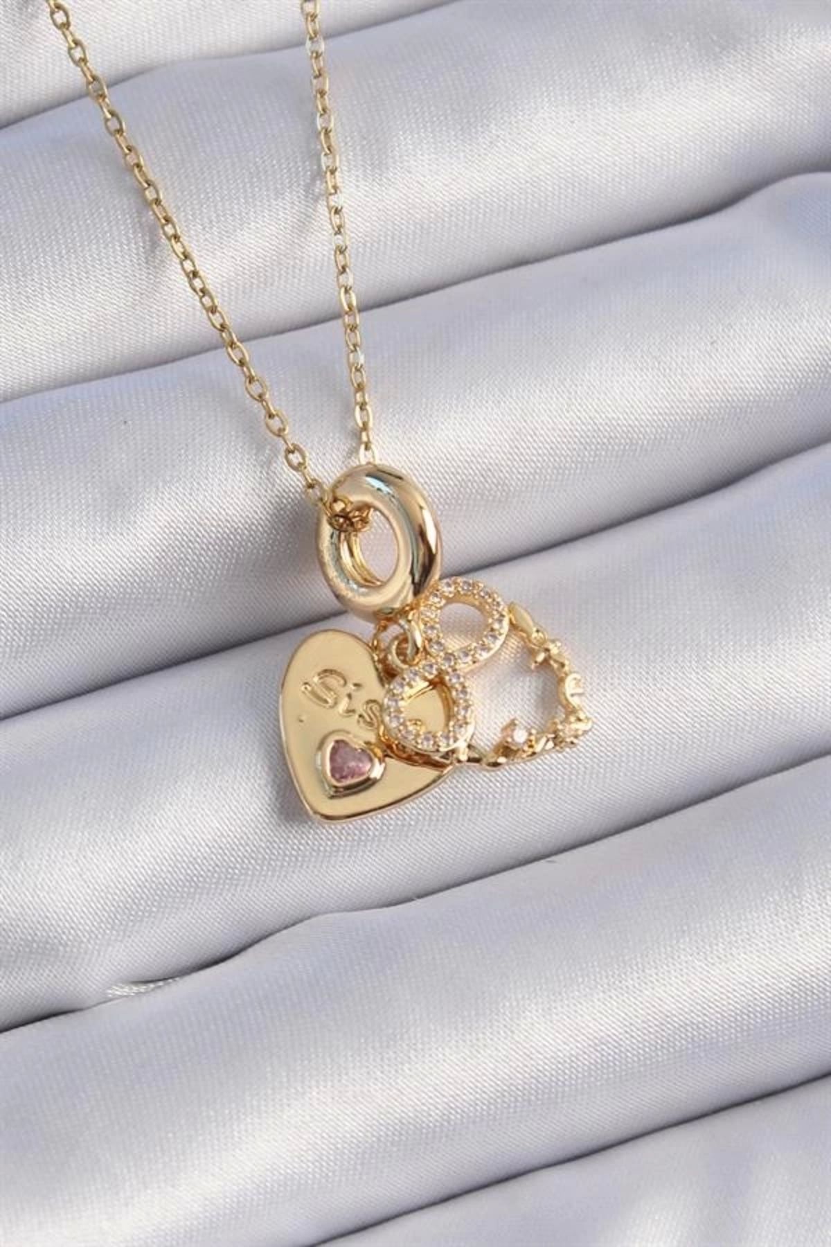 Lale Moda 316L Çelik Gold Renk Zirkon Taşlı Sonsuzluk Kalp Figür Charm Model Kadın Kolye