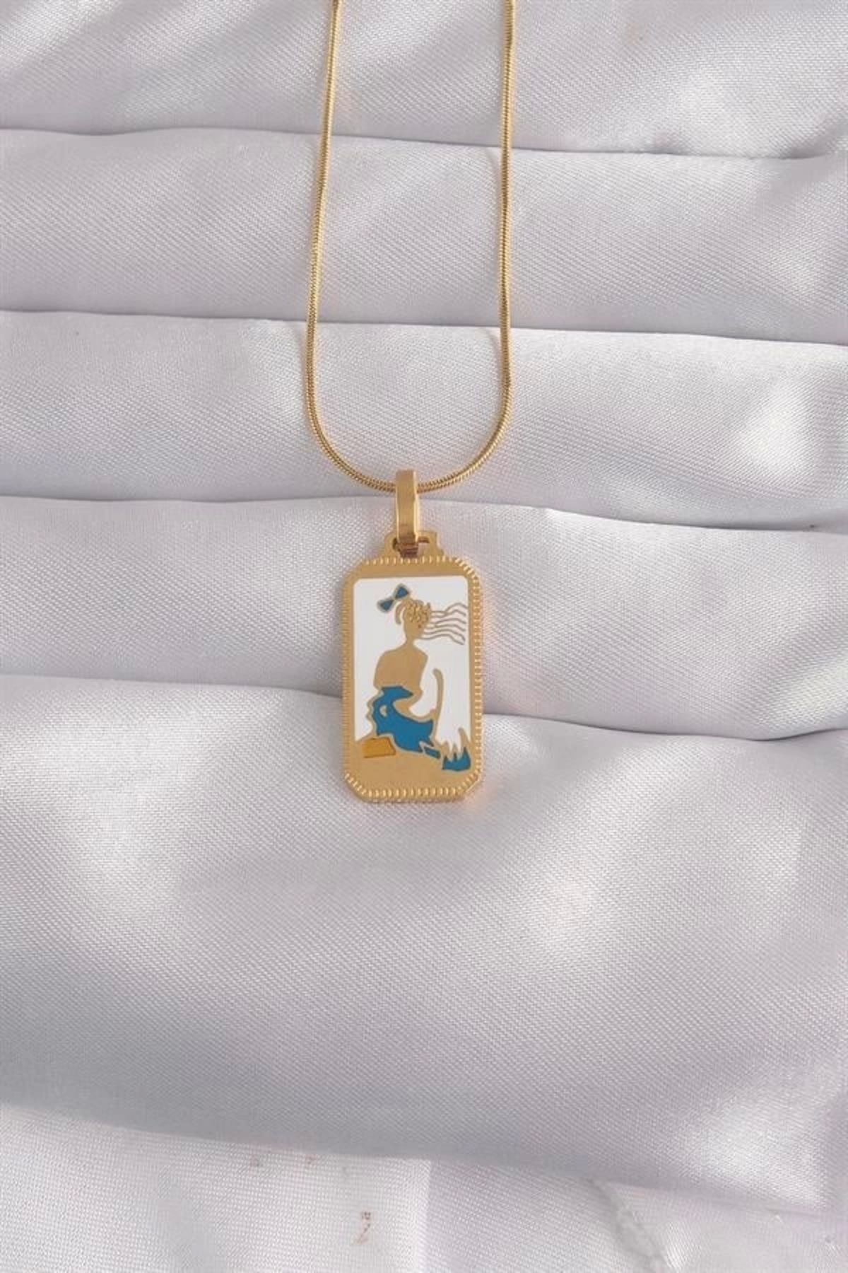 Lale Moda 316L Çelik Gold Renk Beyaz Mineli Kız Figür Tarot Kolye