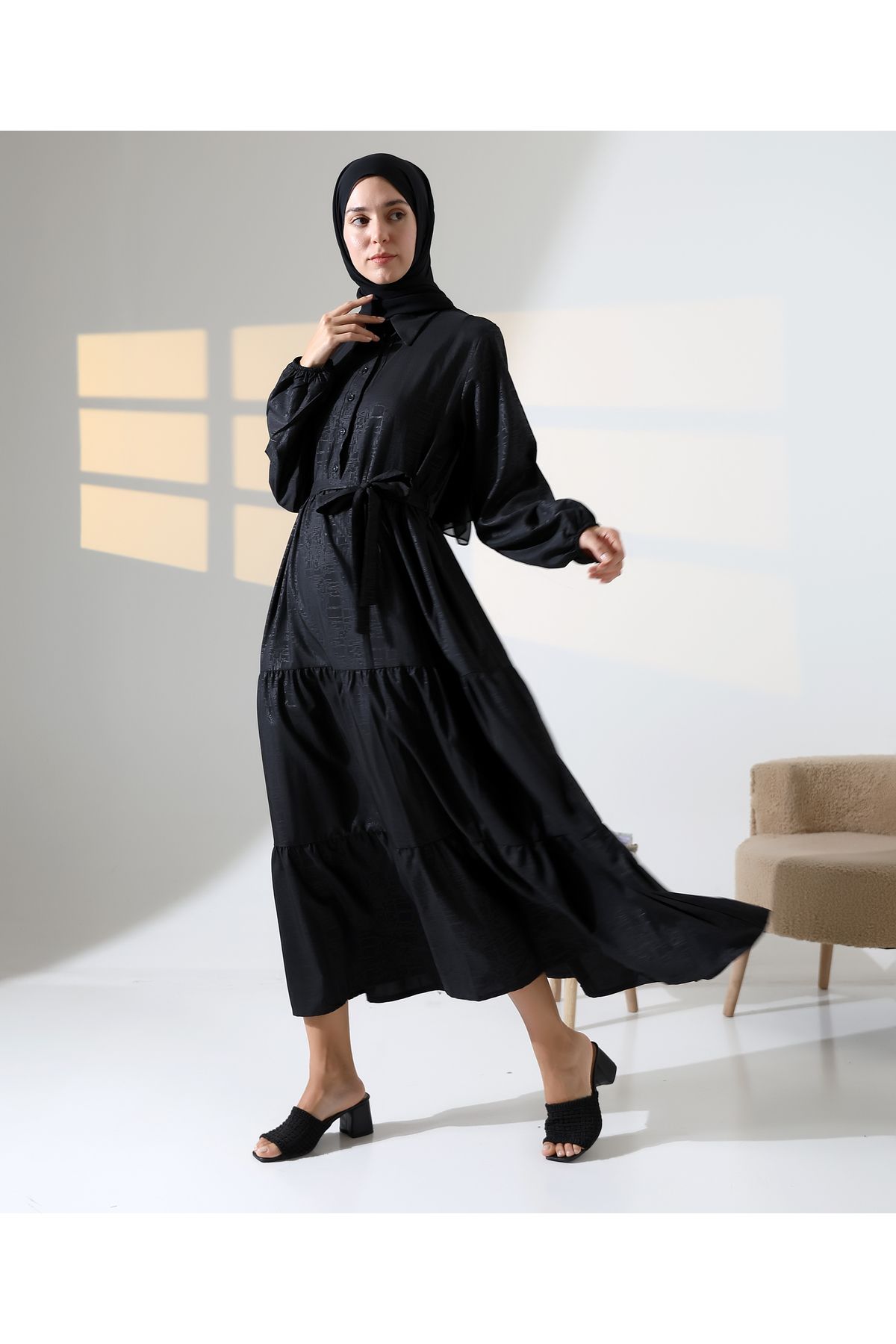 Mihran Butik Kadın 100% Pamuk Viskon Desenli Siyah Tesettür Elbise