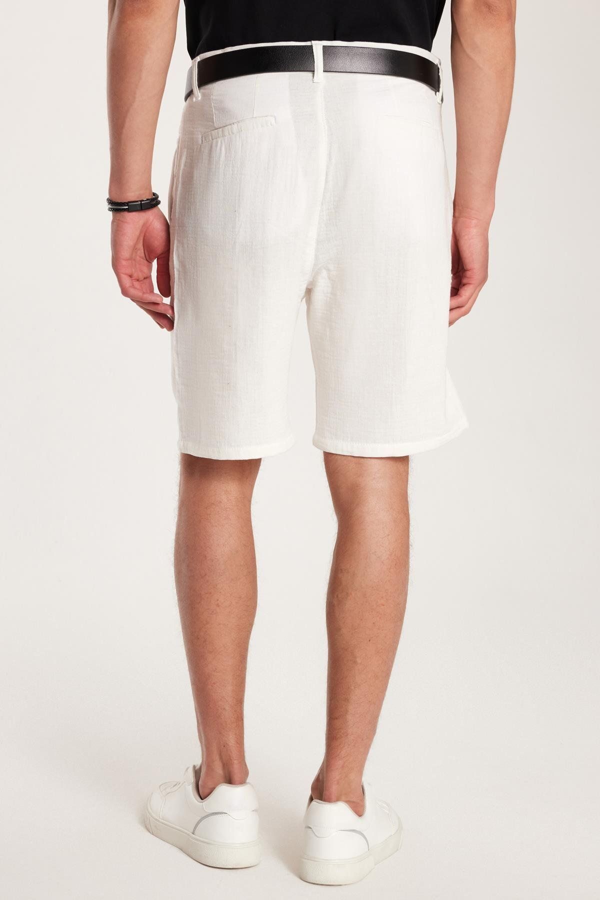 Tudors-Men's Regular Relaxed Fit Side Pockets Belted Zippered Bermuda White Shorts 6