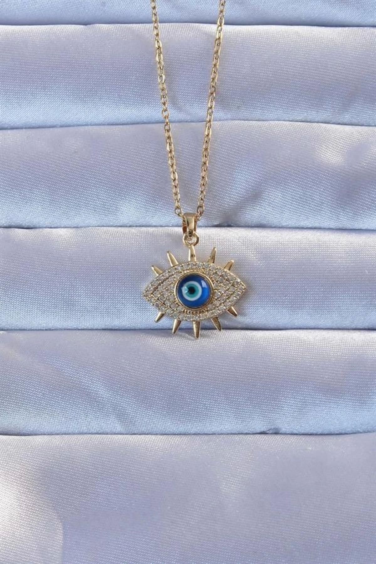 Lale Moda 316L Altın Renk Zirkon Taşlı Nazarlı Göz Kolye