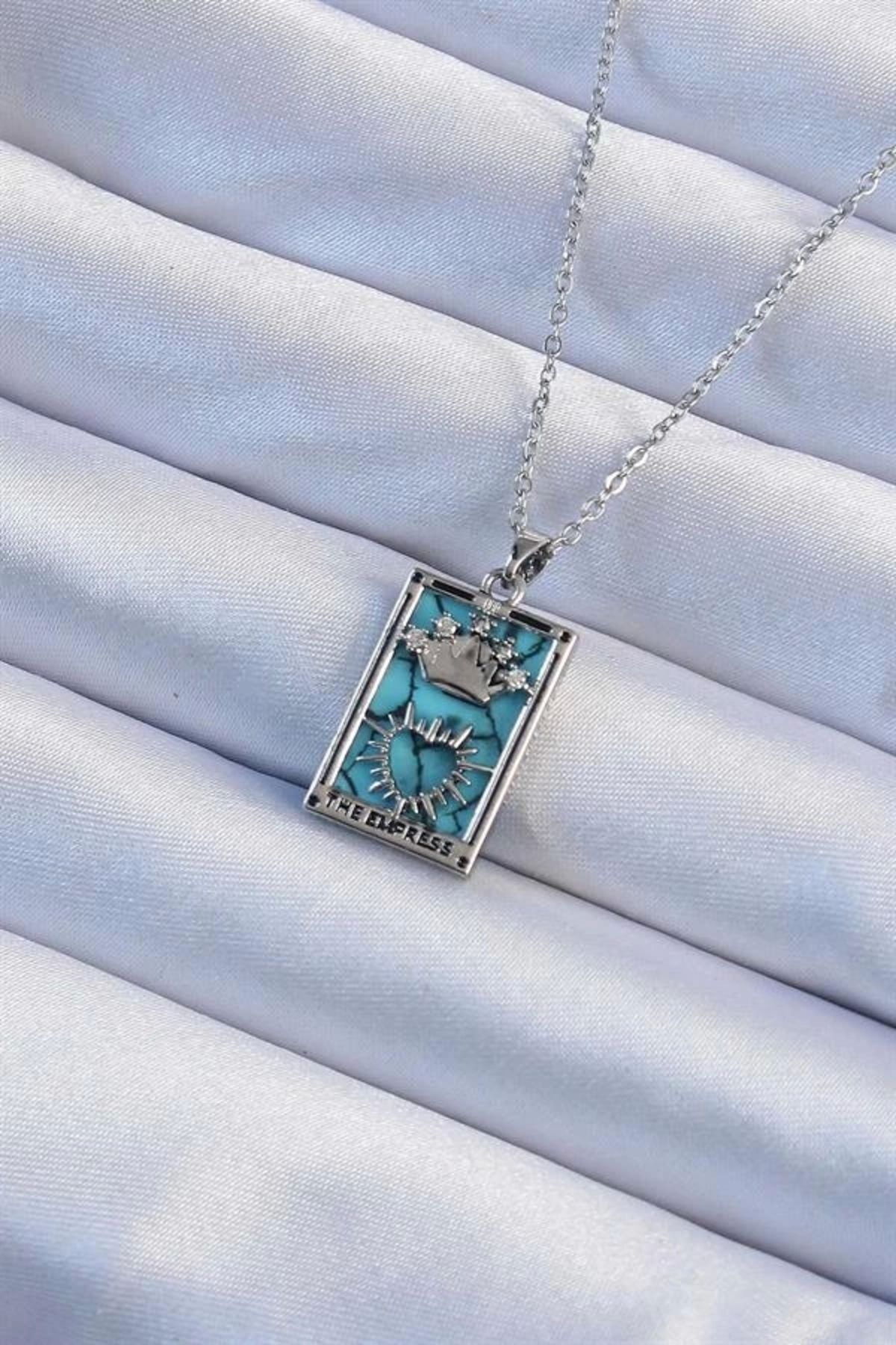 Lale Moda 316L Çelik Zincir Gümüş Renk Zirkon Taşlı Mavi Mermer Desenli Taç Model Tarot Kolye