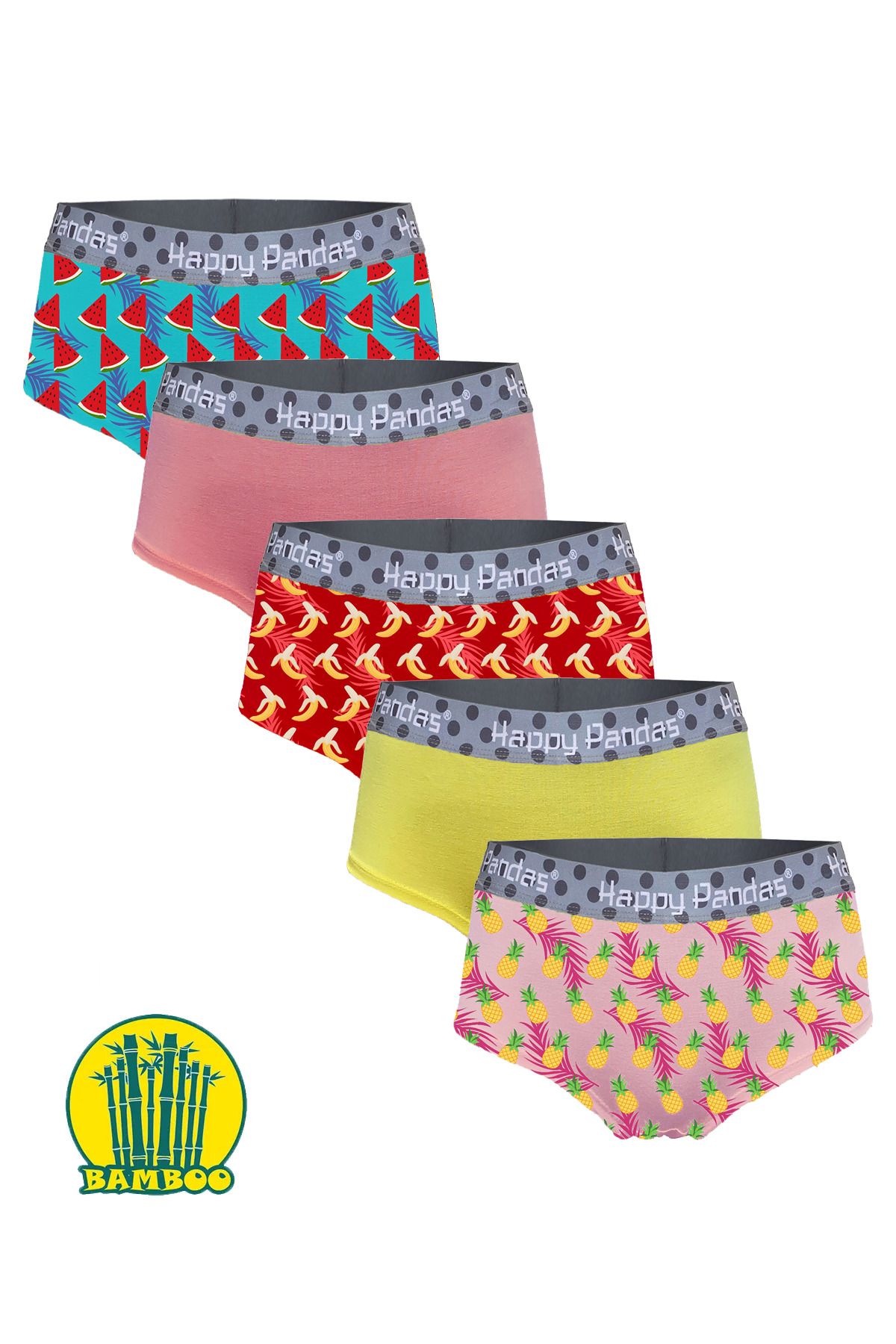 BRAINWEAR Kadın 5'li Paket Likralı Bambu Dijital Baskılı Hipster Boxer Külot - Happy Pandas Creation