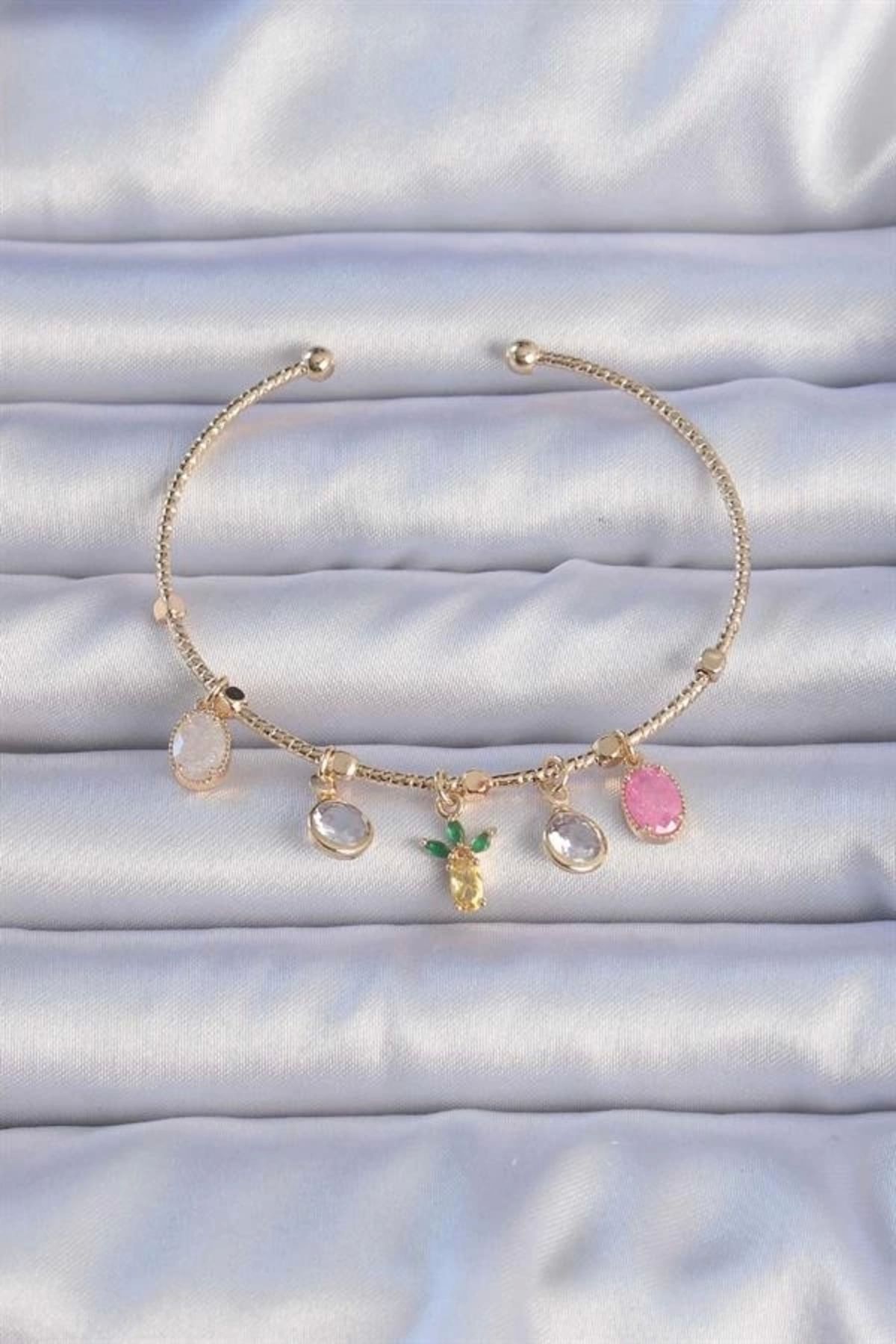Lale Moda Pirinç Altın Renk Zirkon Taşlı Ananas Figürlü Charm Bileklik