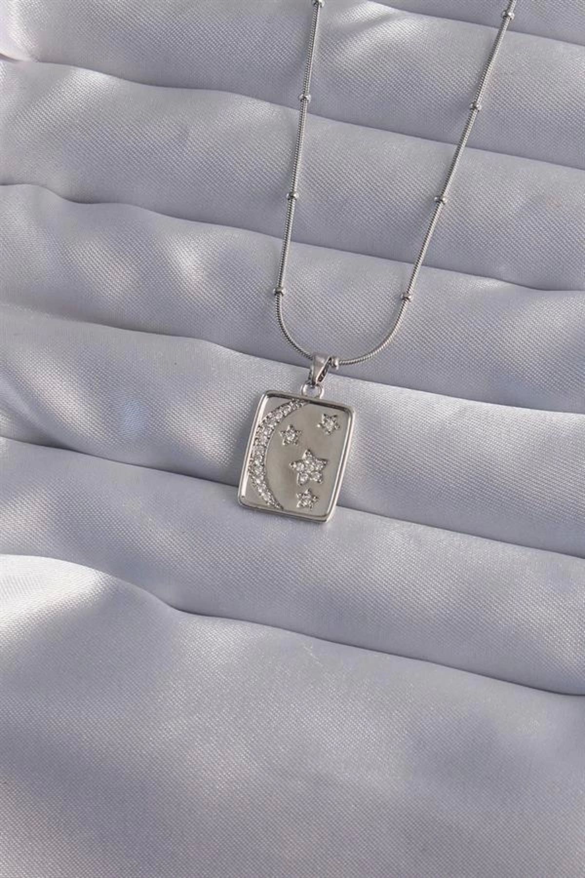 Lale Moda 316L Çelik Zincir Gümüş Renk Zirkon Taşlı Ay Yıldız Figürlü Tarot Kolye
