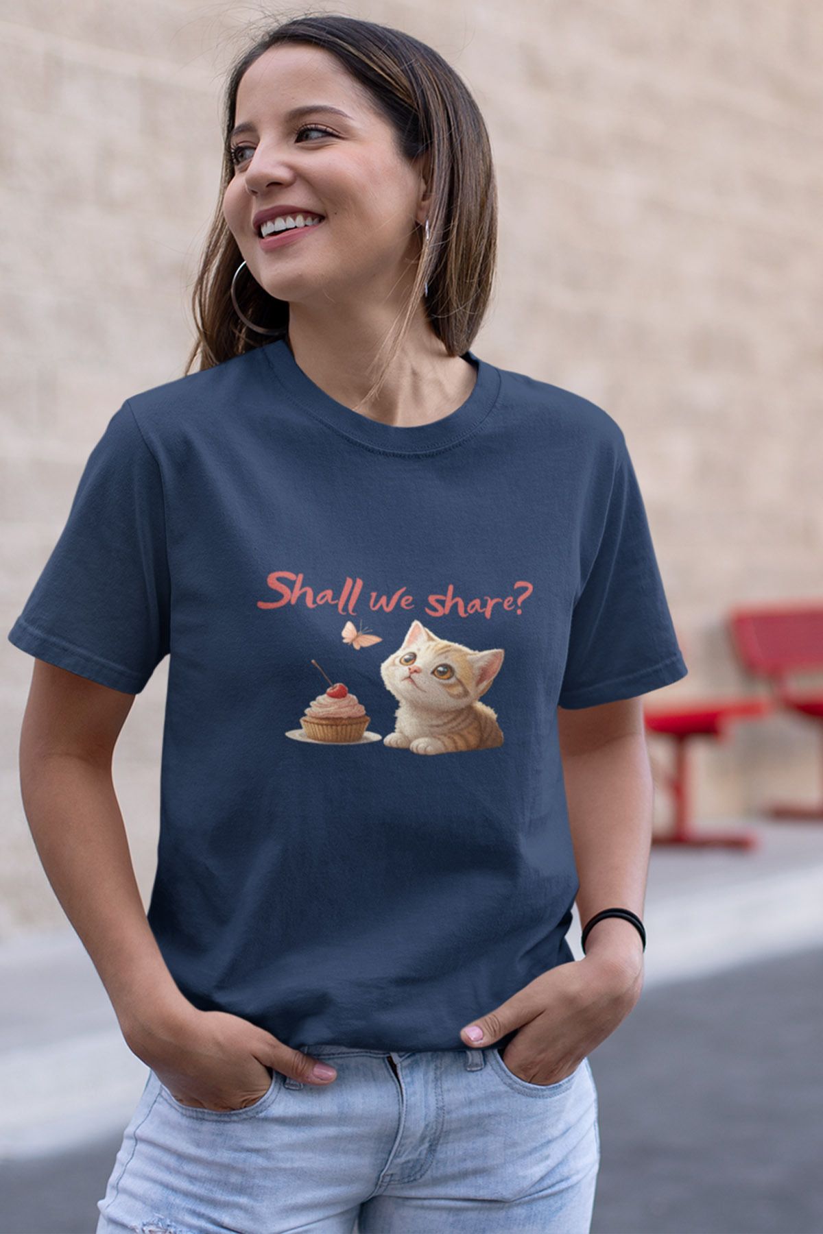 qoeuyl boutique Shall We Share Sevimli Kedi Baskılı Unısex %100 Pamuklu T-Shirt