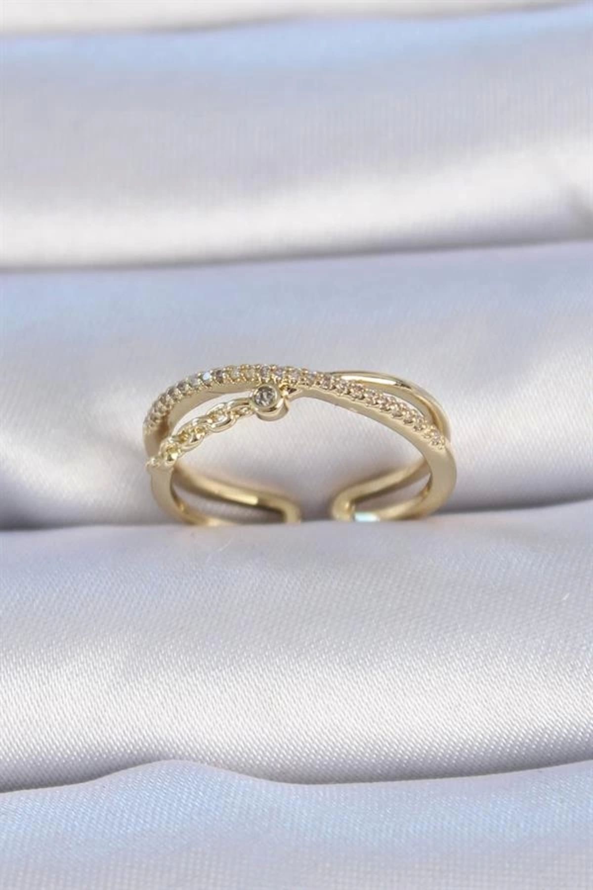 Lale Moda Pirinç Gold Renk Zirkon Taşlı Kadın Yüzük