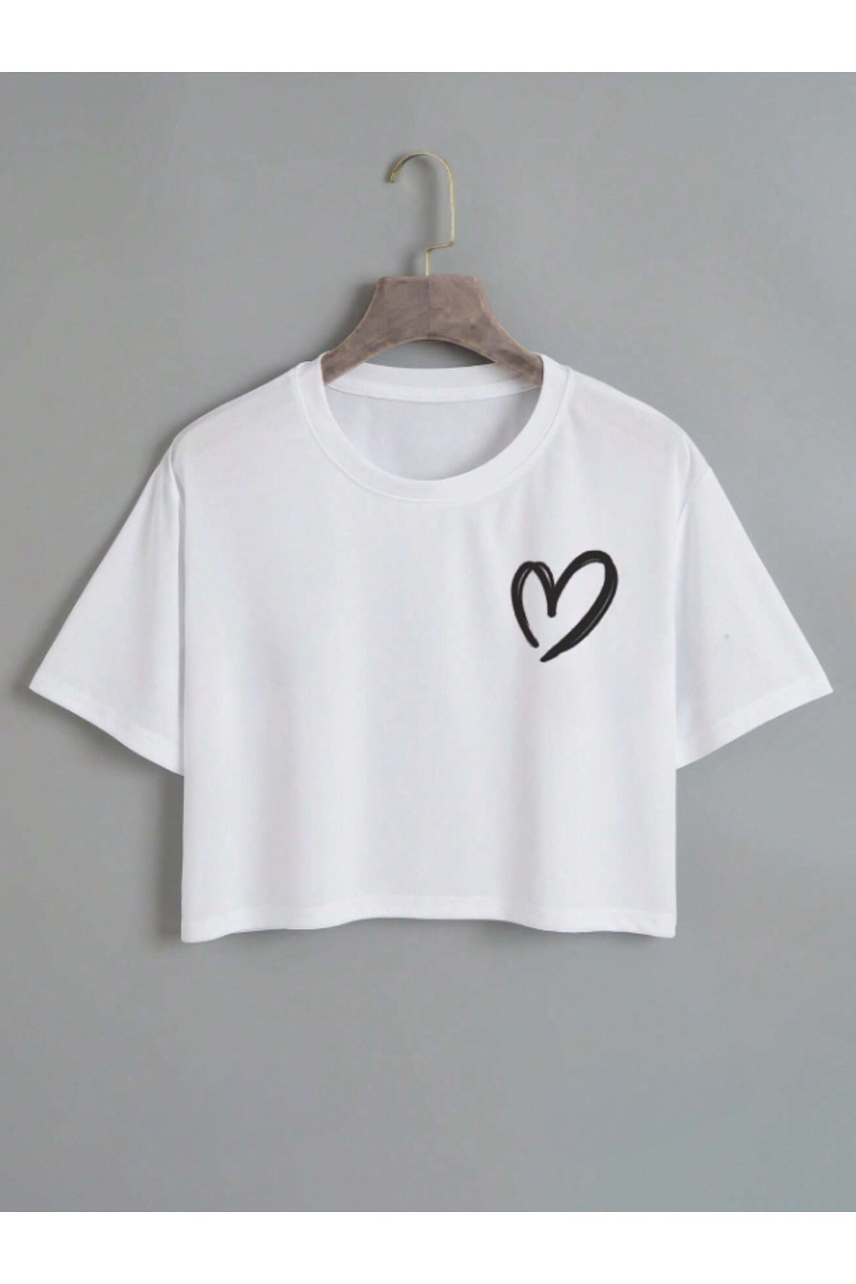 MOONBULL Kadın Kısa Kollu Oversize Kalp Baskılı Crop T-shirt