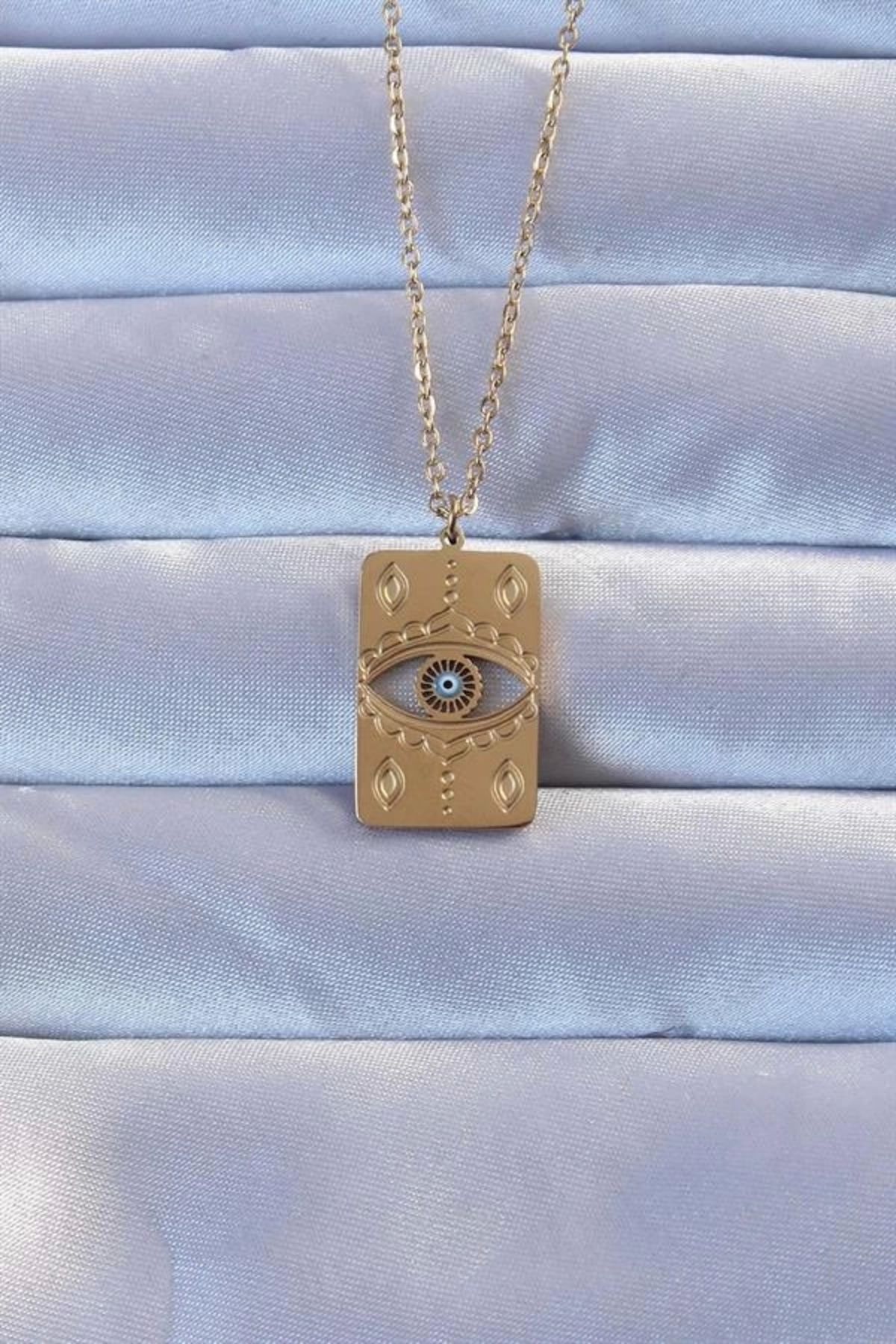 Lale Moda 316L Altın Renk İşlemeli Nazarlı Vintage Kolye