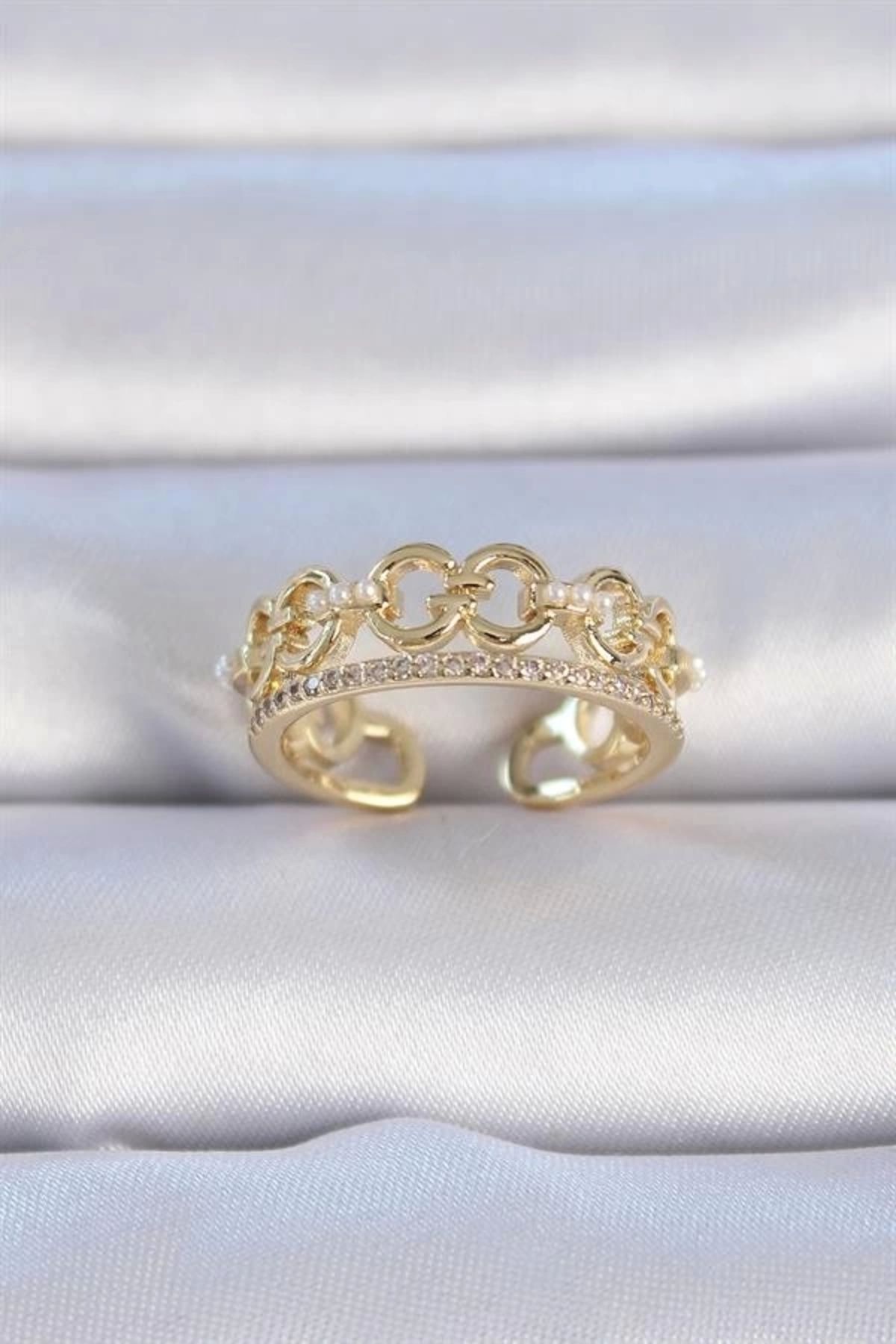 Lale Moda Pirinç Gold Renk Zirkon Taşlı İnci Detay Kadın Yüzük