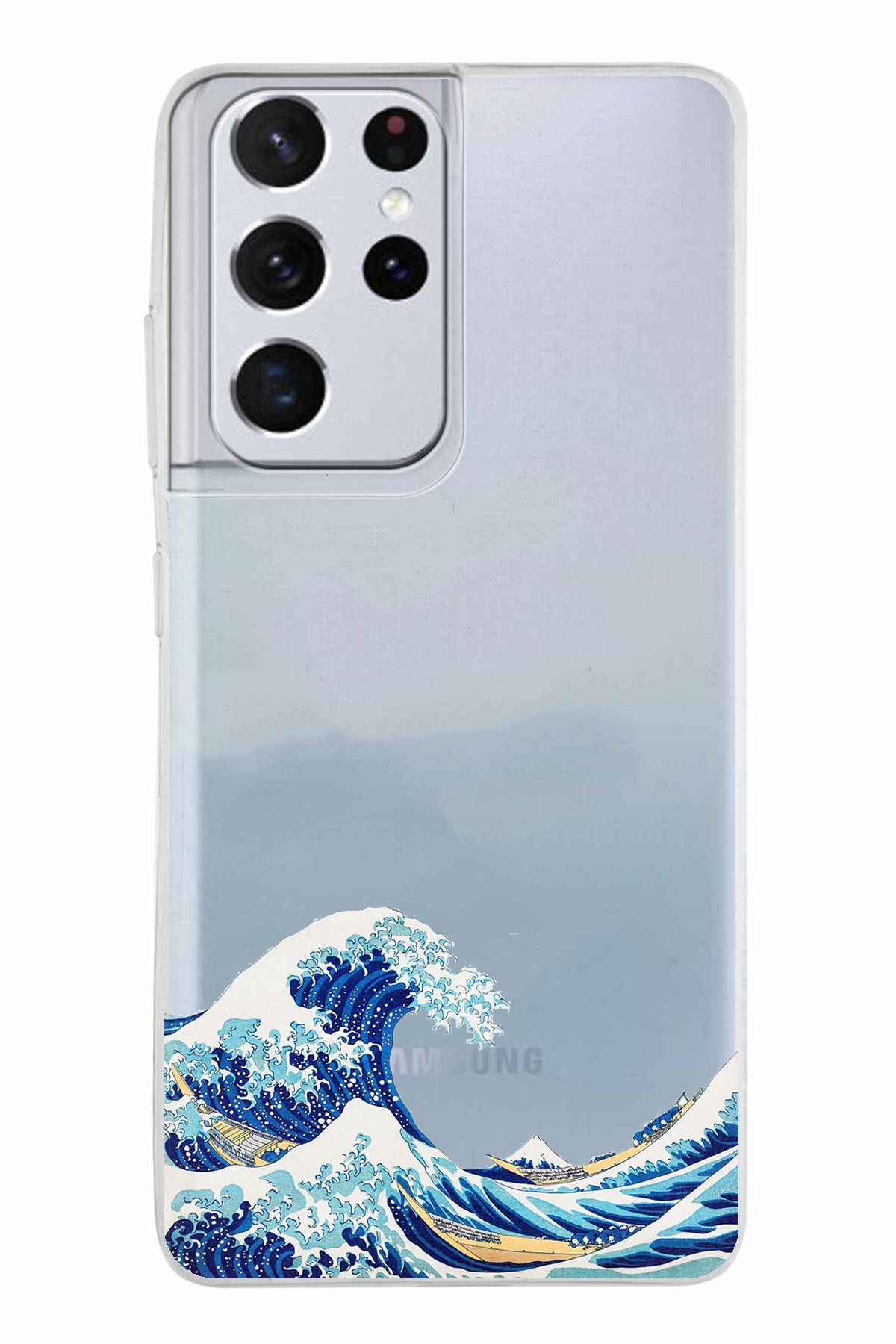 TechTree Samsung Galaxy S21 ULTRA Uyumlu Kanagawa Oki Nami Ura Dalgası Tasarımlı Şeffaf Silikon Kılıf