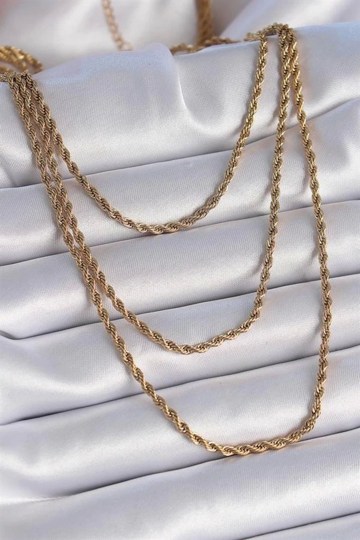 Lale Moda 316L Çelik Gold Renk 3'lü Burgu Zincir Model Kadın Kolye