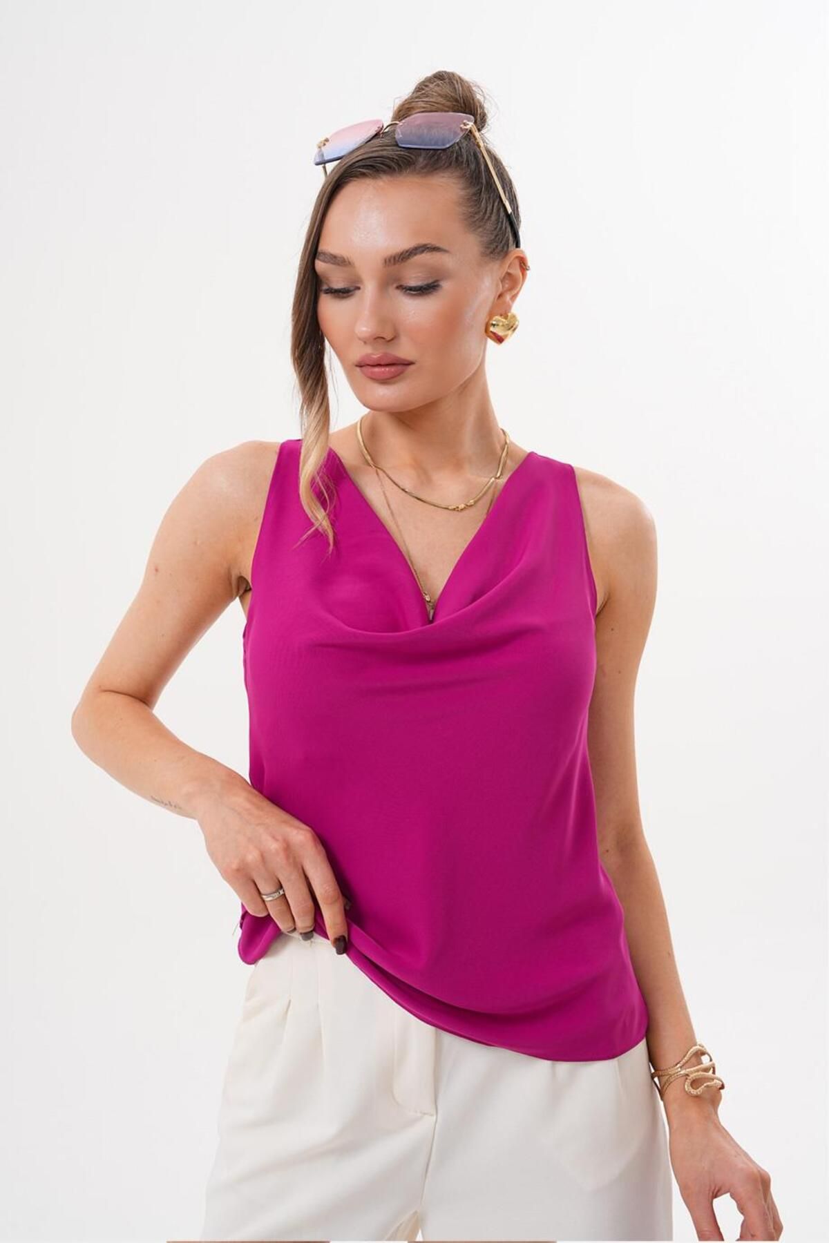 Flame İstanbul Butik Kolsuz Degaje Fuşya Bluz MCK2454