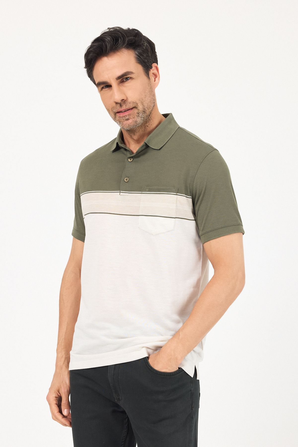 ENQUE Çift Renkli Çizgi Modelli Cepli Polo Yaka Pamuk T Shirt
