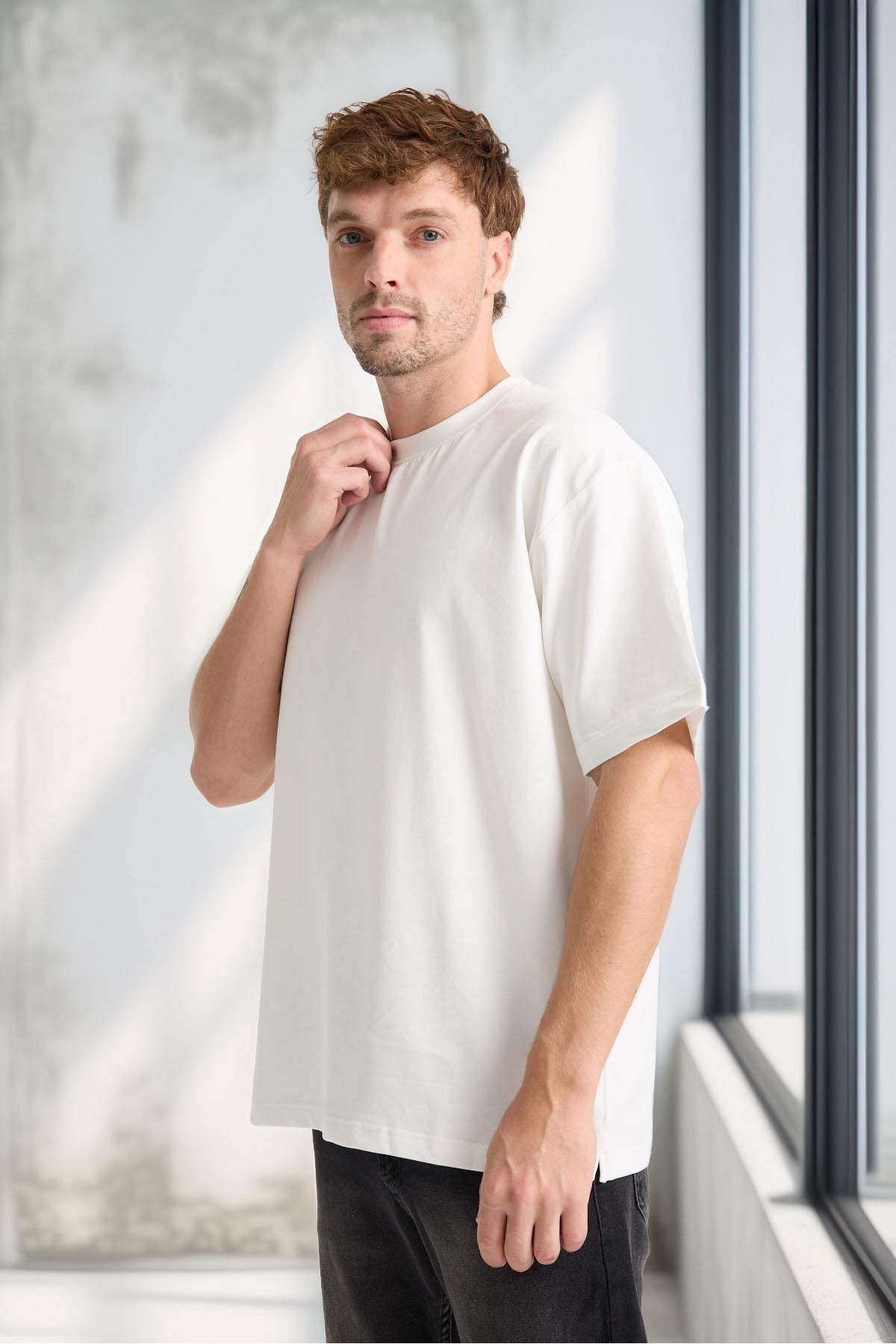 Valiberta-Two Thread Fabric Cotton Crew Neck Basic Oversize Men's T-Shirt - Ecru 4