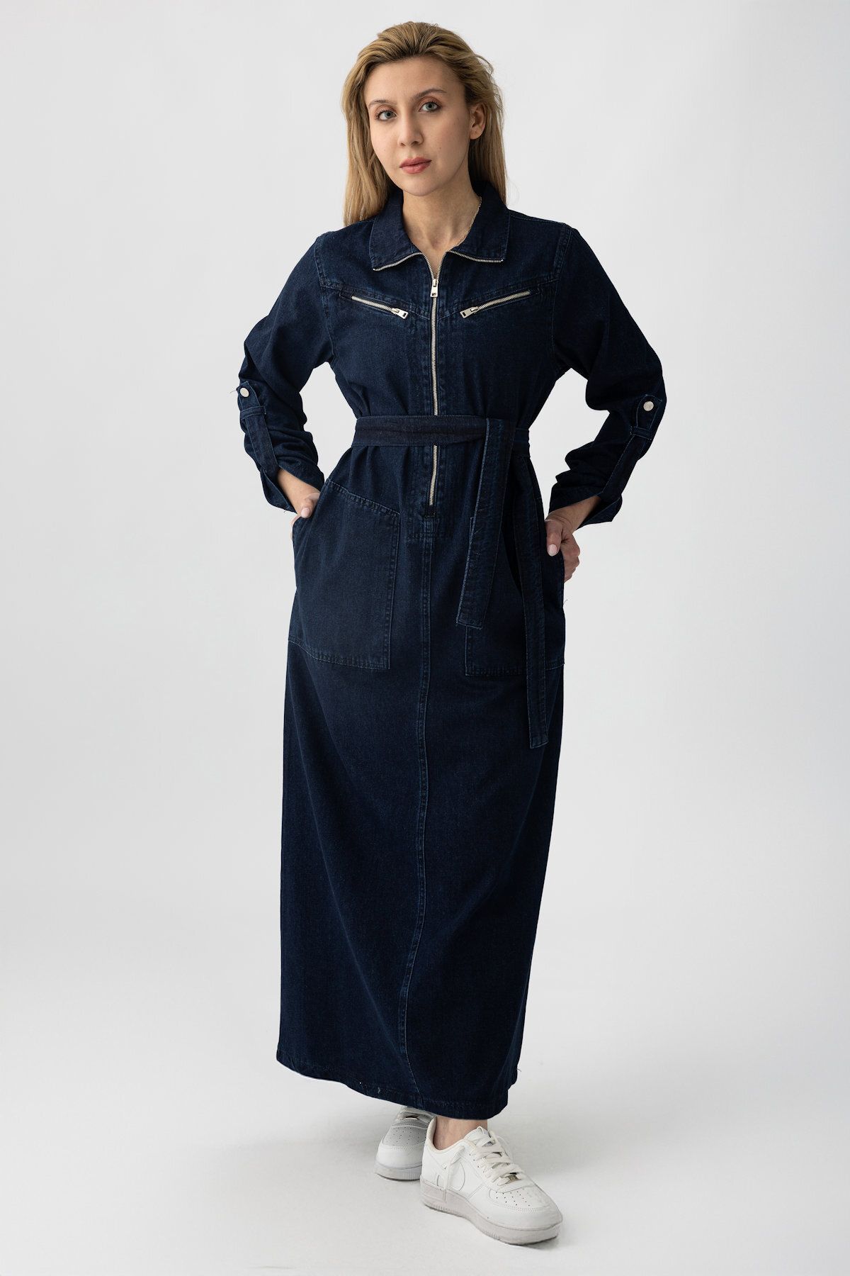Suede Style 5363 - Kemerli, Cepli, Fermuar Detaylı Denim Rahat, Şık, Günlük Kadın Boydan Elbise