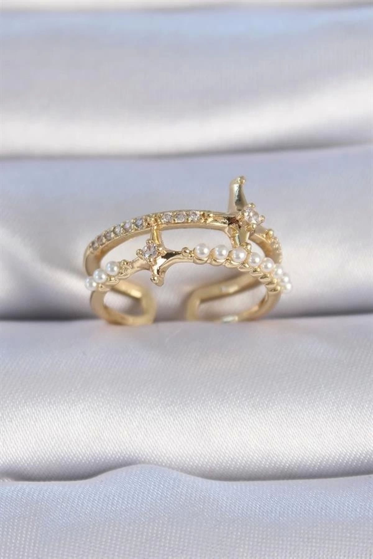 Lale Moda Pirinç Gold Renk Zirkon Taşlı İnci Detay Kutup Yıldızı Model Kadın Yüzük