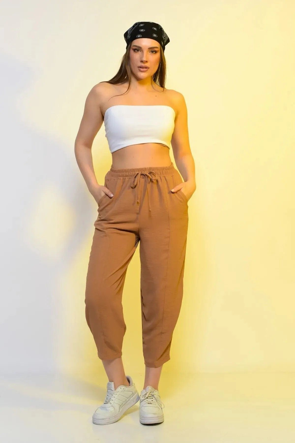 shop Yeni Sezon Yüksek Bel Ince Yazlik Rahat Pamuklu Slouchy Kahverengi Pantolon