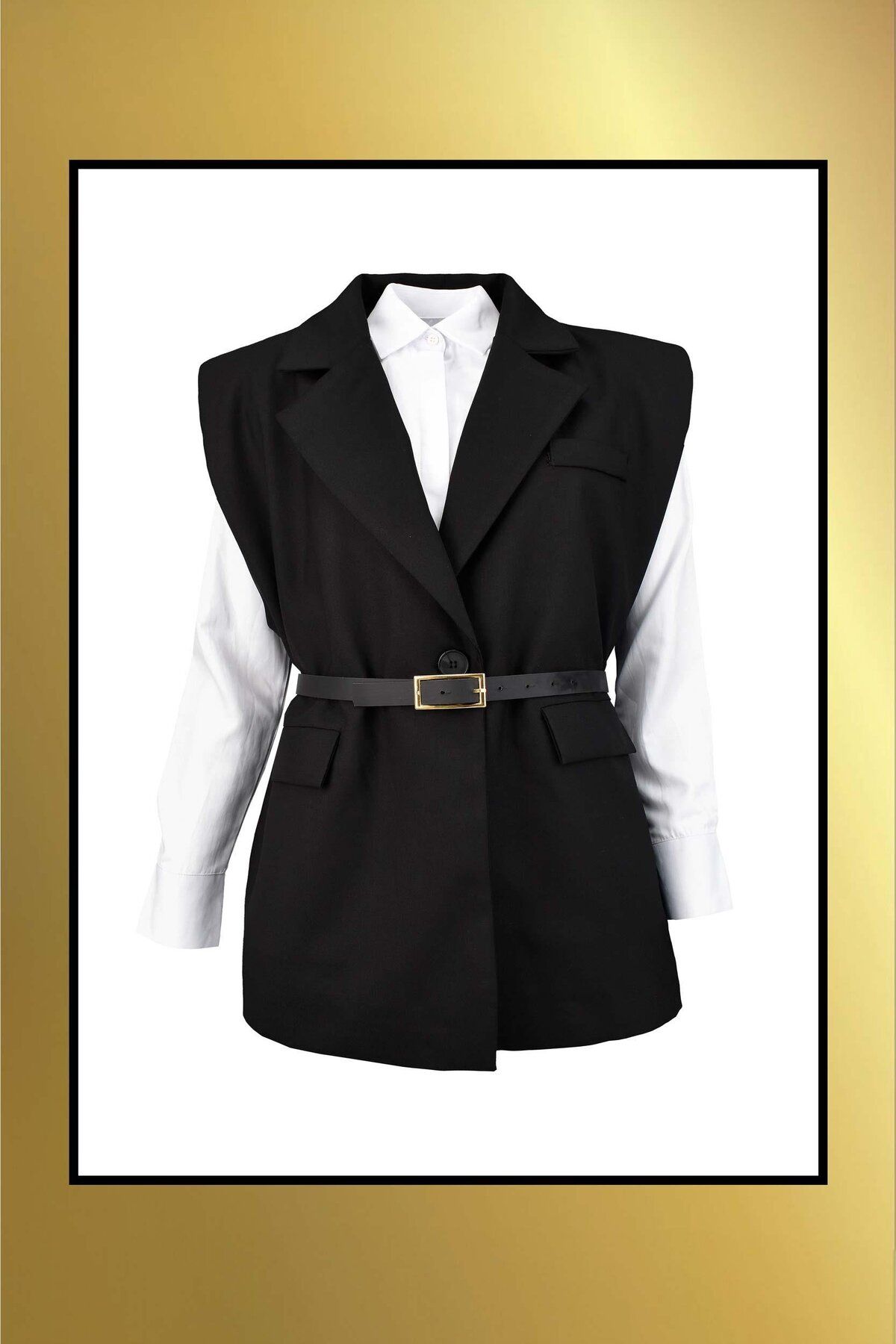 Biriz Moda Kemerli Blazer Yelek - Siyah