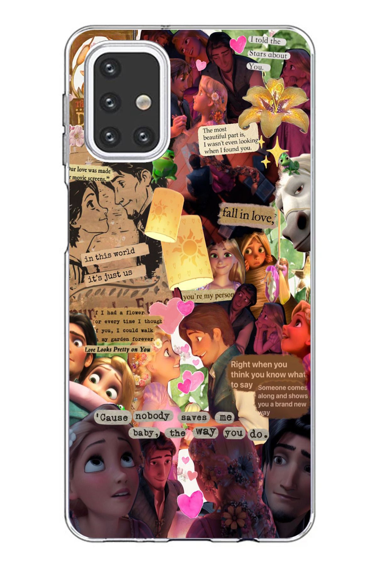 TechTree Samsung Galaxy M31S Uyumlu Rapunzel Tangled Çıkartma Kolaj Tasarımlı Şeffaf Silikon Kılıf