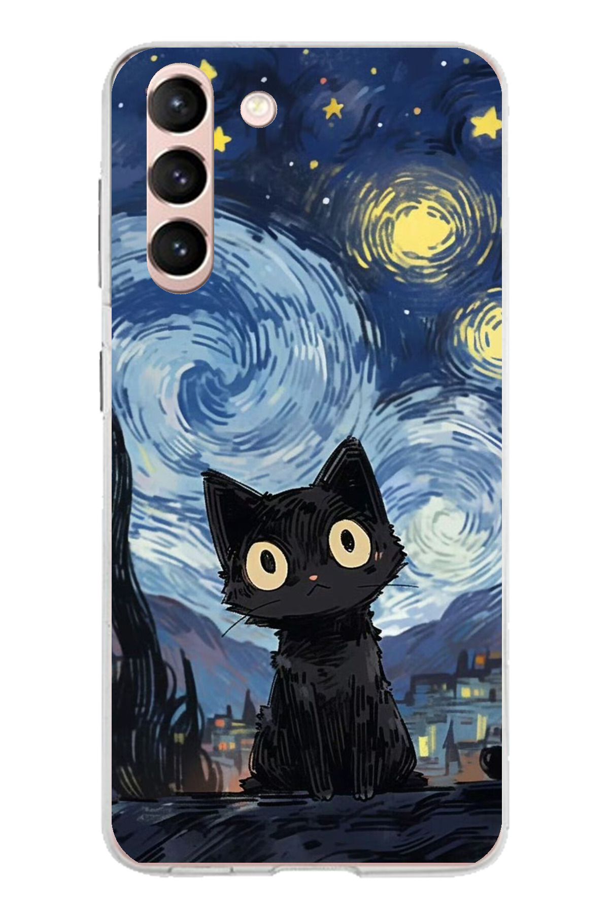 TechTree Samsung Galaxy S21 Uyumlu Gece Yarısı Kedi Tasarımlı Şeffaf Silikon Kılıf