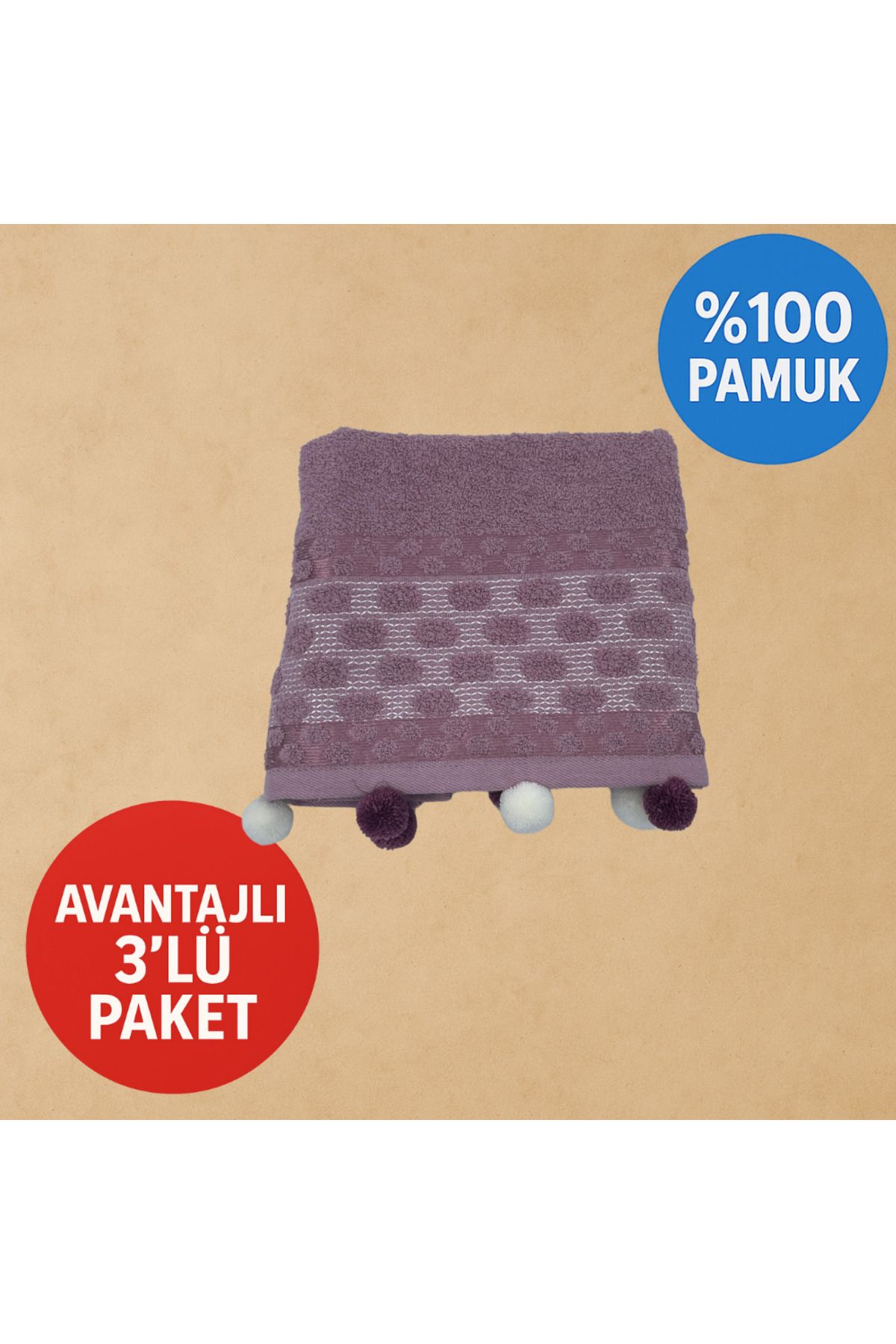 Lobya Maela 3'lü Ponponlu Mor El ve Yüz Havlusu (50x85)