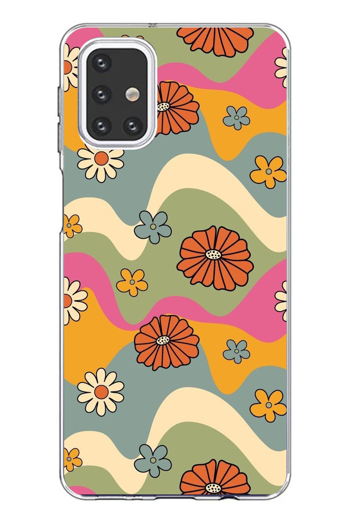 TechTree Samsung Galaxy M31S Uyumlu Renkli Retro Çiçekler Tasarımlı Şeffaf Silikon Kılıf