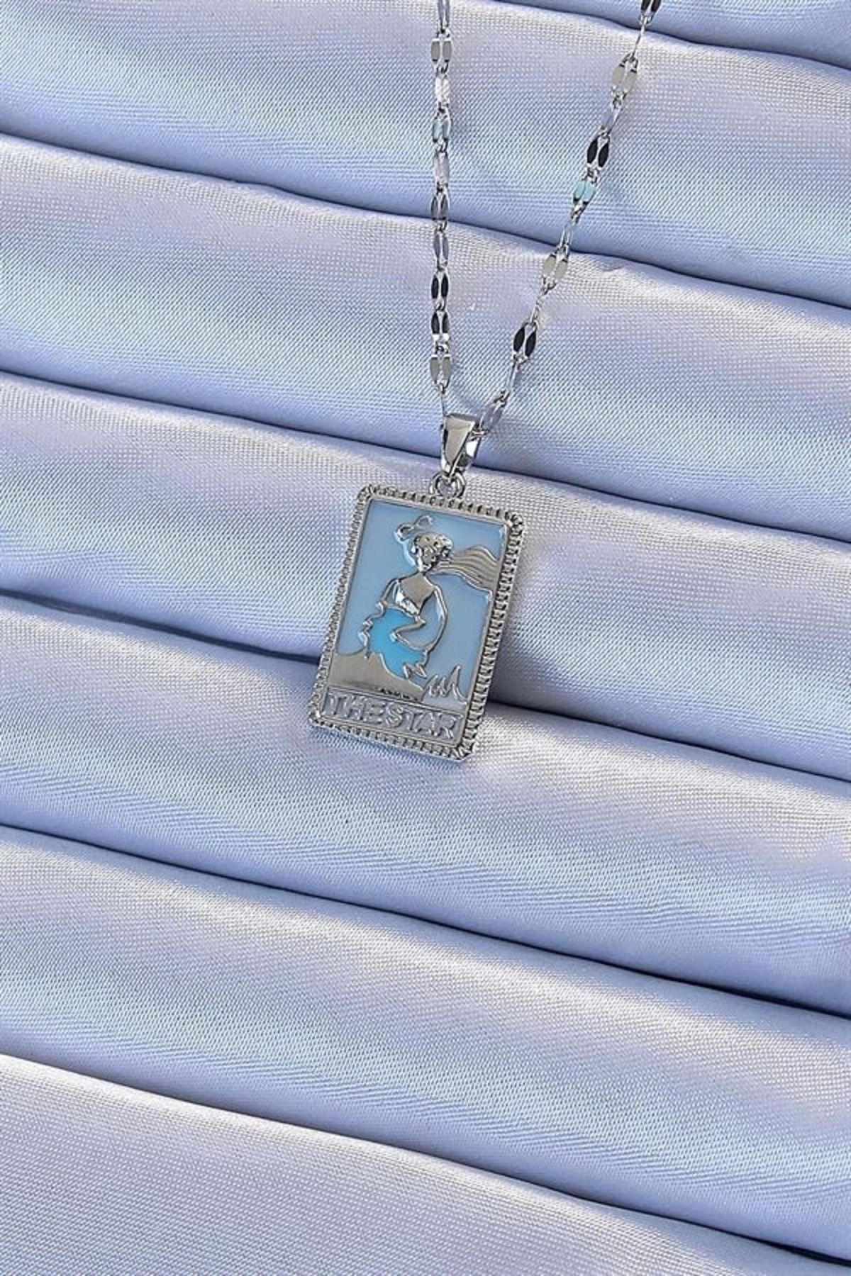 Lale Moda 316L Çelik Zincir Gümüş Renk Mavi Mineli Tarot Kolye