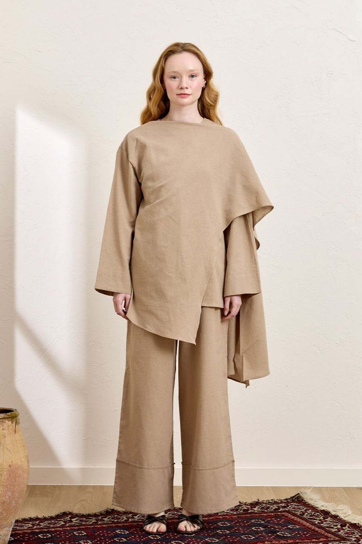Ceylan Otantik Karamel Organik Keten Şal Detay Tunik & Double Paça Pantolon Takım