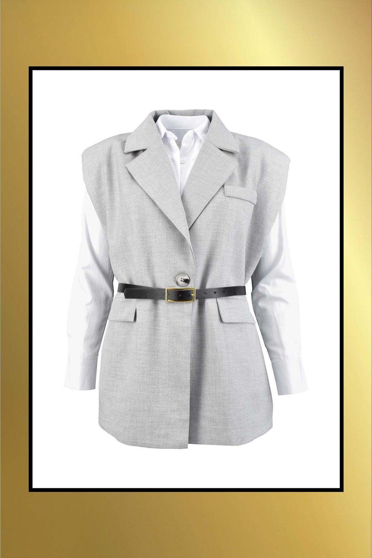 Biriz Moda Kemerli Blazer Yelek - Gri