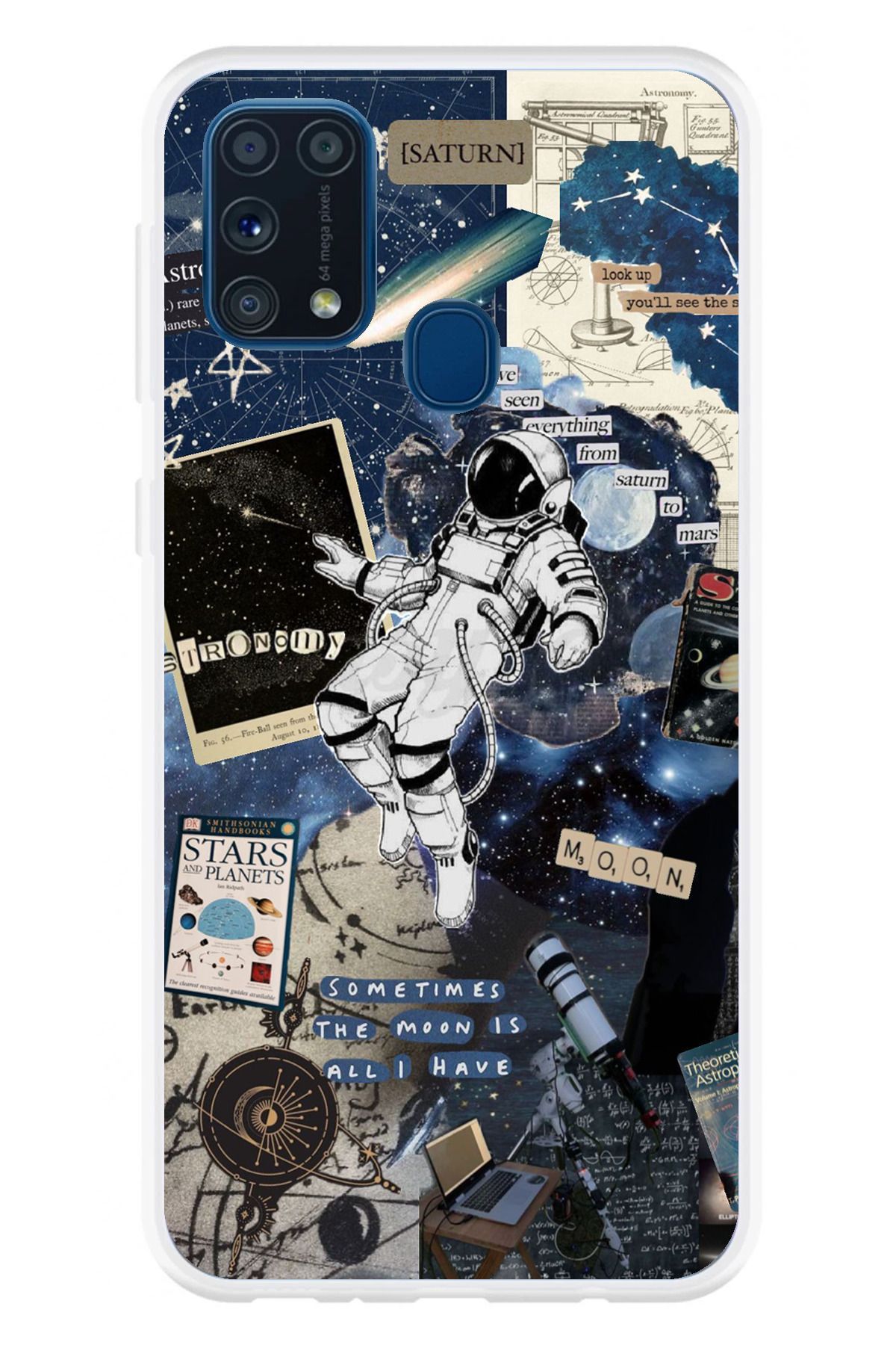 TechTree Samsung Galaxy M31 Uyumlu Retro Astronot Tasarımlı Şeffaf Silikon Kılıf