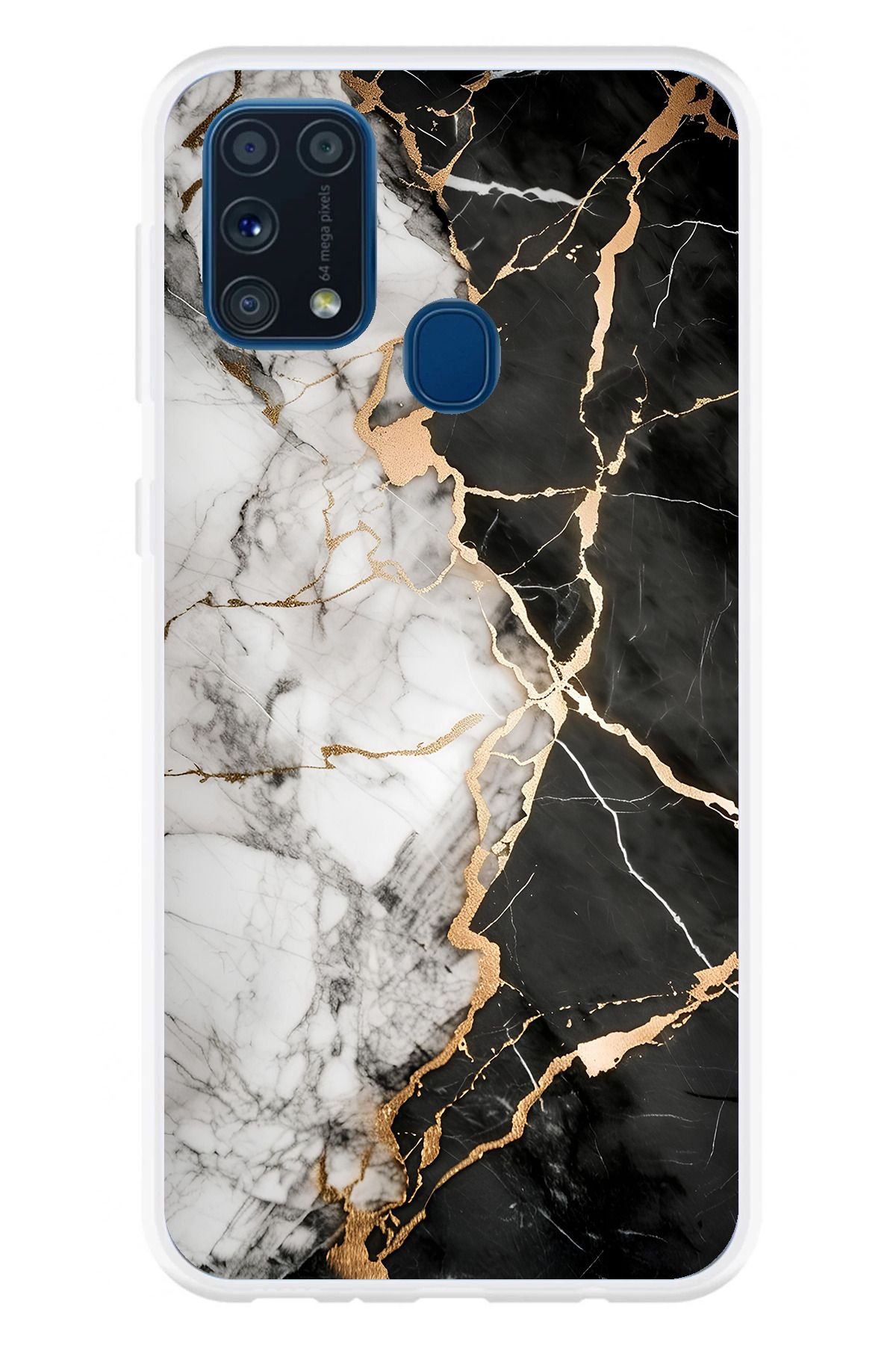 TechTree Samsung Galaxy M31 Uyumlu Siyah Beyaz Mermer Şeffaf Silikon Kılıf