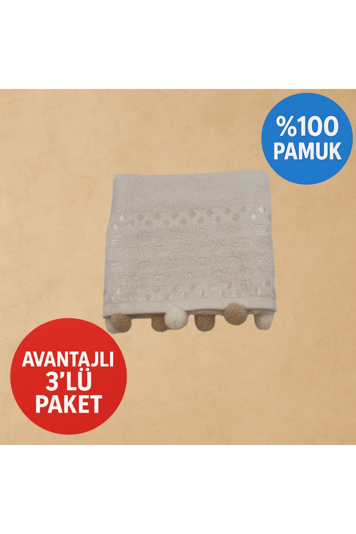 Lobya Aunna 3'lü Ponponlu Krem El ve Yüz Havlusu (50x85)