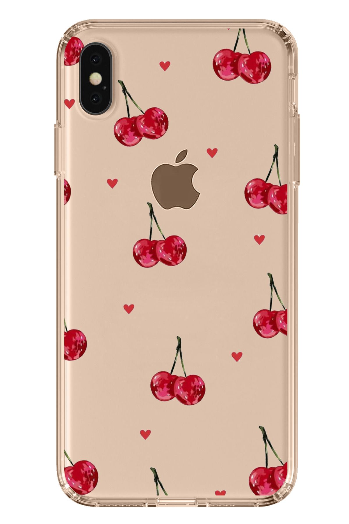 TechTree iPhone XS MAX Uyumlu Kirazlar ve Kalpler Tasarımlı Şeffaf Silikon Kılıf