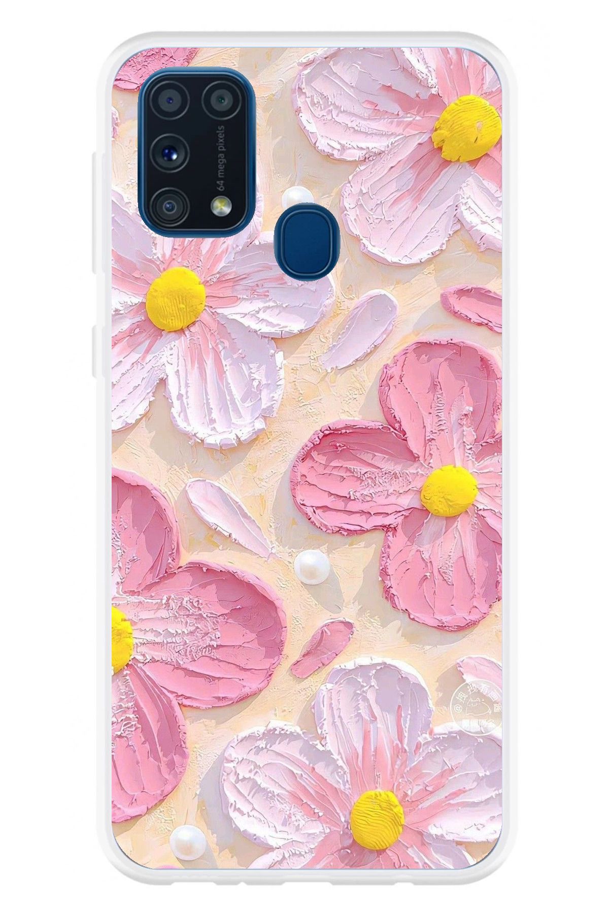 TechTree Samsung Galaxy M31 Uyumlu Pembe Beyaz Çiçekler Sulu Boya Şeffaf Silikon Kılıf