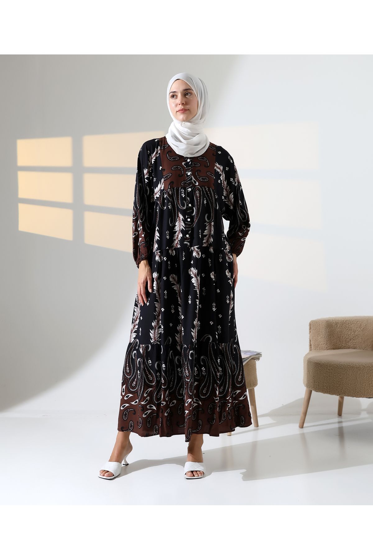 Mihran Butik Kadın 100% Pamuk Viskon Desenli Kahverengi Tesettür Elbise