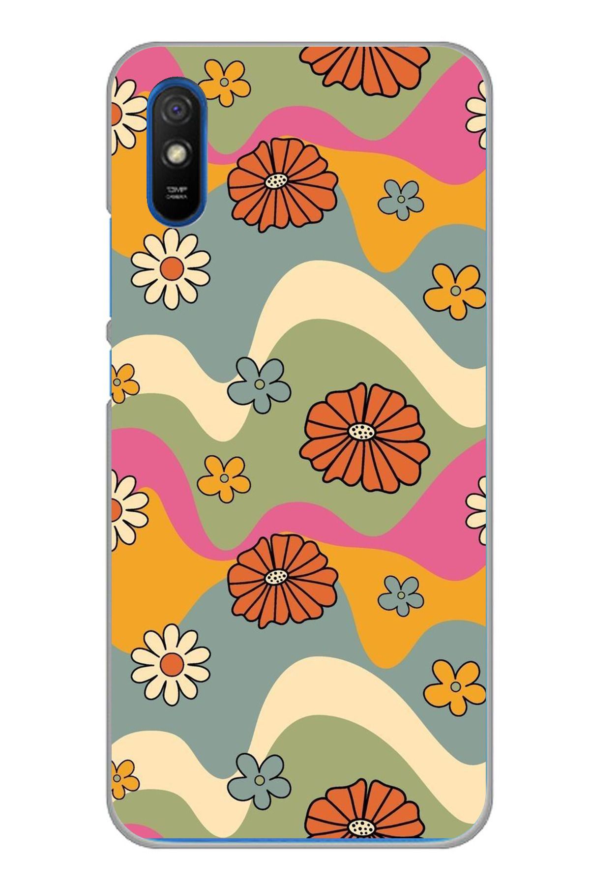 TechTree Redmi 9A Uyumlu Renkli Retro Çiçekler Tasarımlı Şeffaf Silikon Kılıf