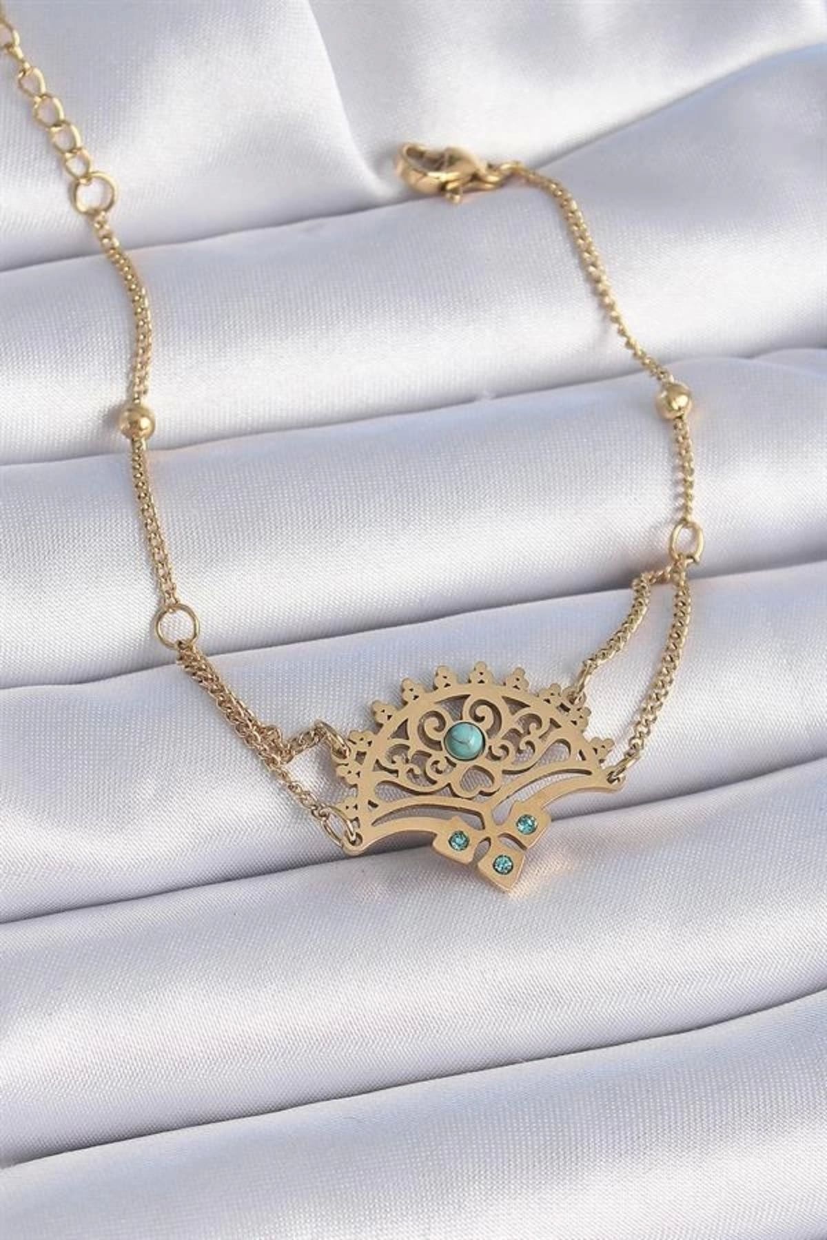 Lale Moda 316L Çelik Gold Renk Mavi Taşlı Etnik Desen Kadın Bileklik