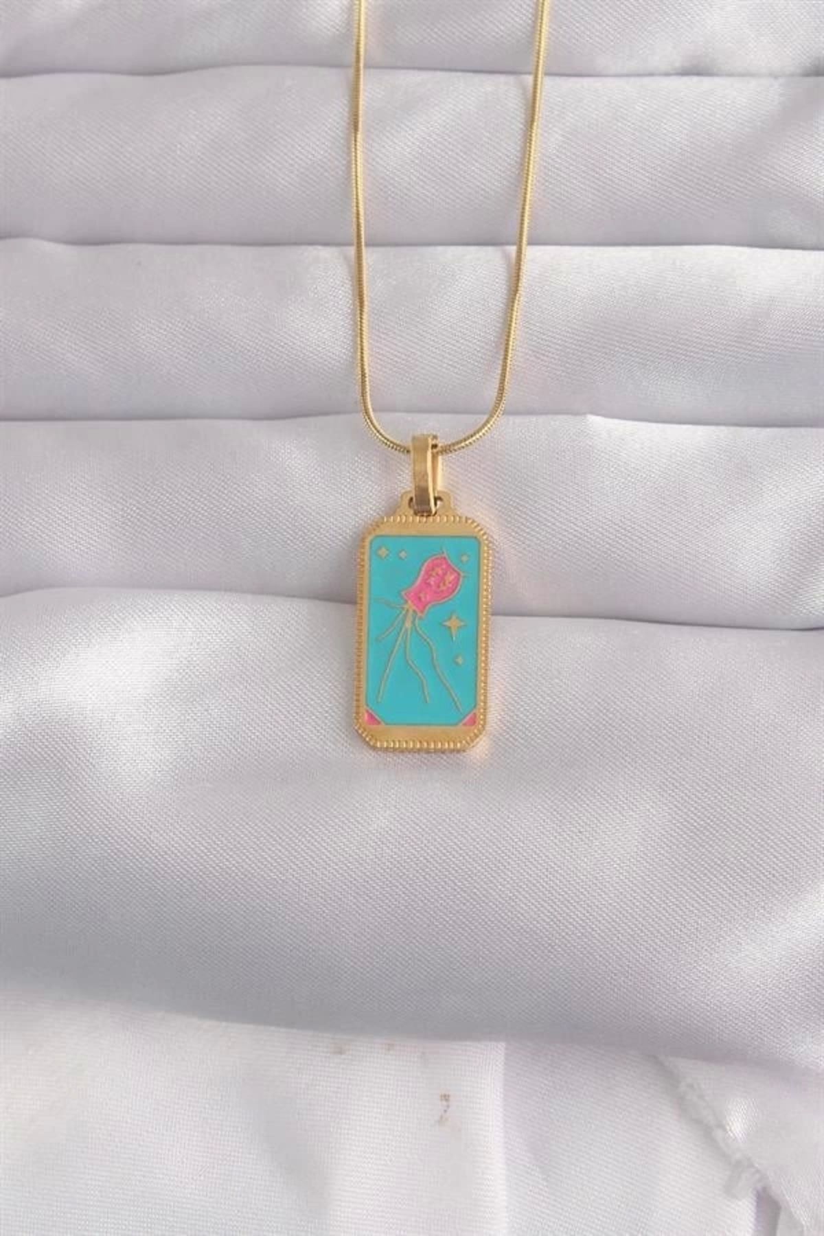 Lale Moda 316L Çelik Gold Renk Mavi Mineli Tarot Kolye