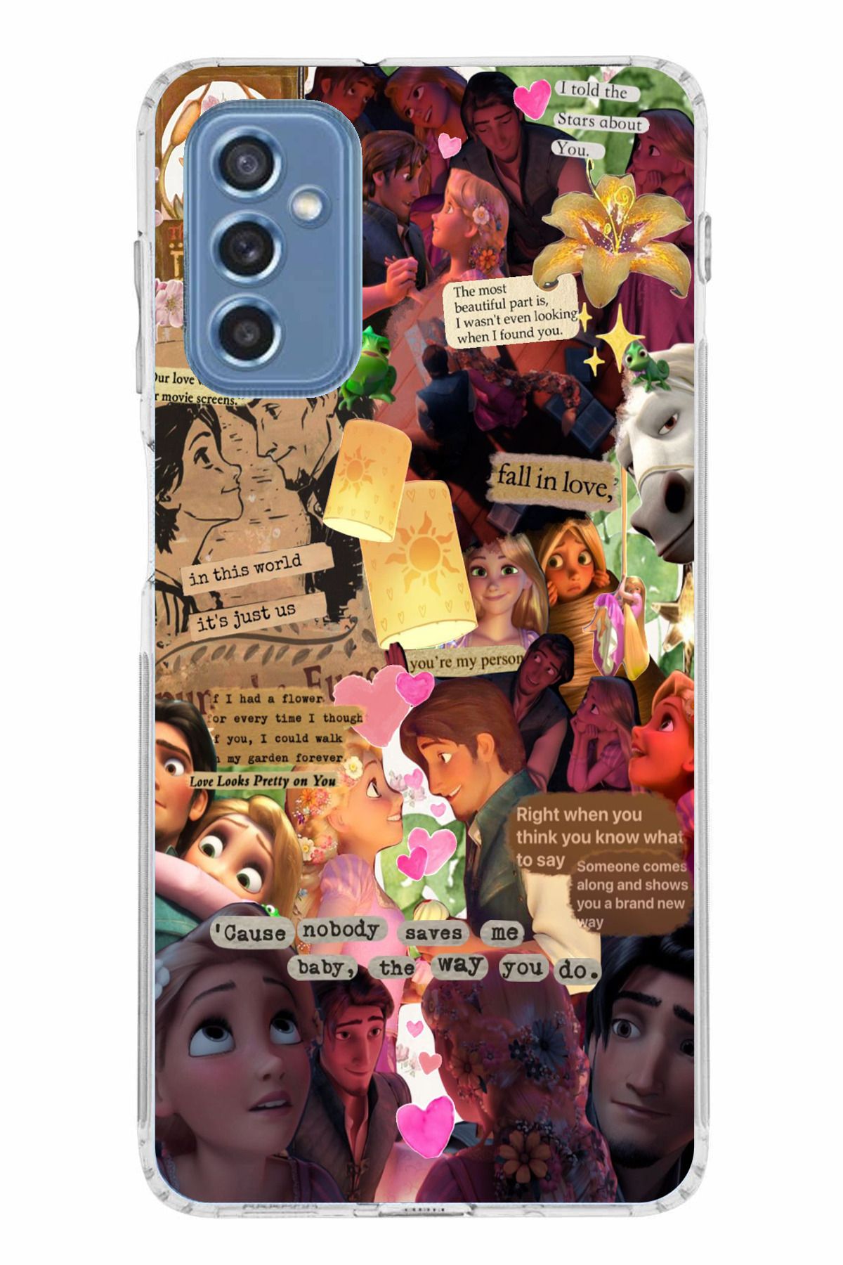 TechTree Samsung Galaxy M52 Uyumlu Rapunzel Tangled Çıkartma Kolaj Tasarımlı Şeffaf Silikon Kılıf