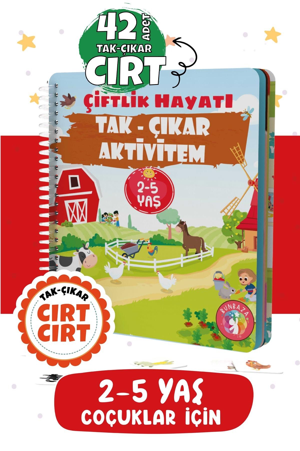 Bunbaza Çocuğumun Cırt Cırtlı Tak - Çıkar Çiftlik Hayatı Aktivite Kitabı 2-5 Yaş, 42 Adet Cırt